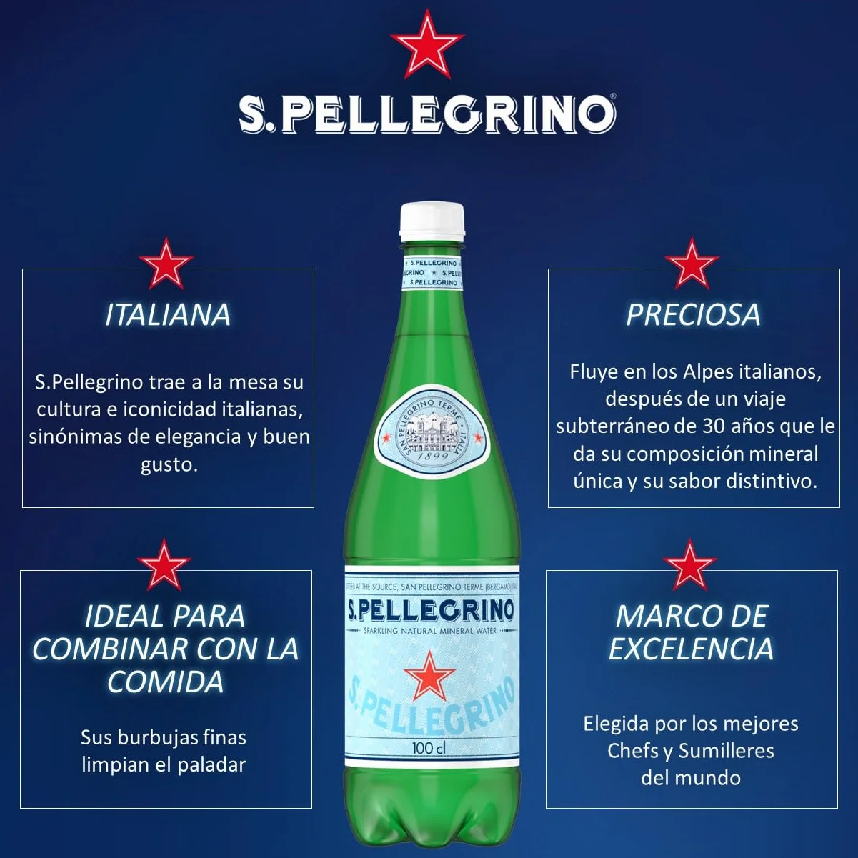 S. Pellegrino Agua Mineral Natural con Gas 4 Packs de 6 x 50cl, 24 botellas