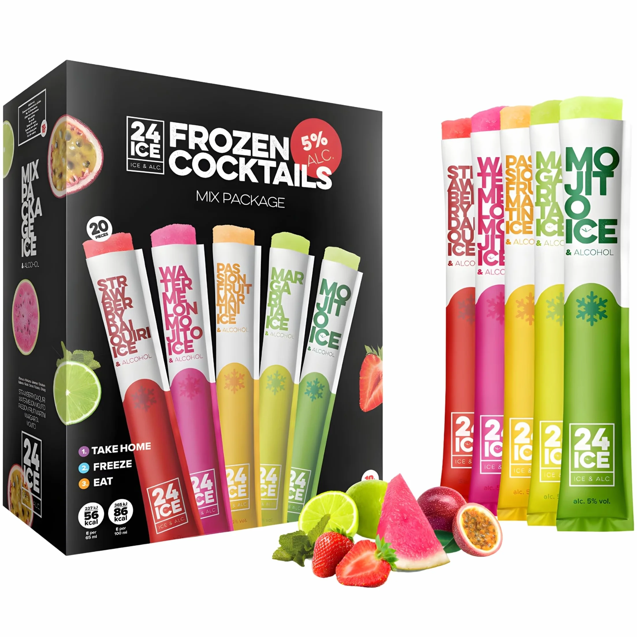 24 ICE Frozen Cocktails Mix Pack 20 Unidades 5% Vol – Cócteles Helados Sabores Strawberry Daiquiri, Watermelon Mojito, Passion Fruit Martini, Margarita y Mojito - Distribuido por Laborawi