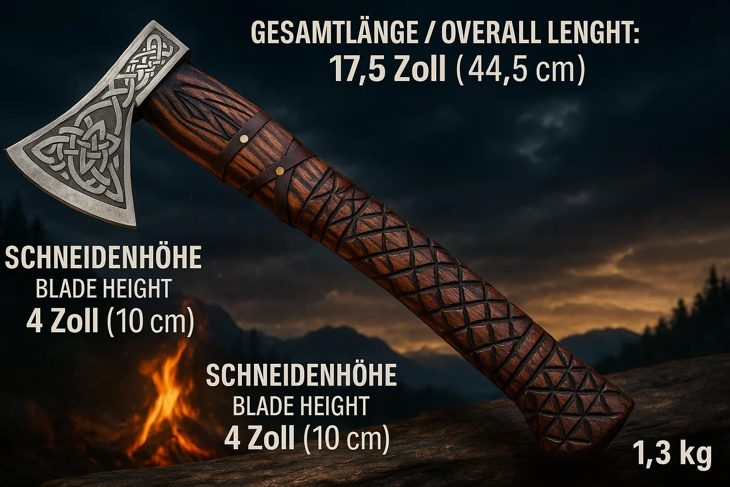 Novahaven Thorvald Hacha de lujo forjada a mano de madera de fresno inglesa, hoja de acero al carbono con grabado vikingo