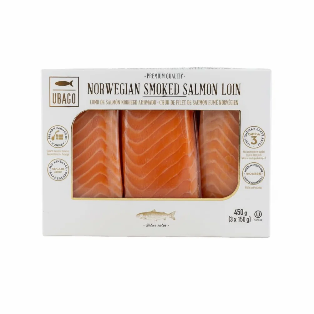 Lomo de Salmón Noruego Ahumado - Pack de 450 g (3 unidades x 150 g) - Alto en Omega-3 y Proteínas - Salmón de Noruega Seleccionado para Sashimi, Tostas y Aperitivos - Ubago - Sin Gluten - NEXU