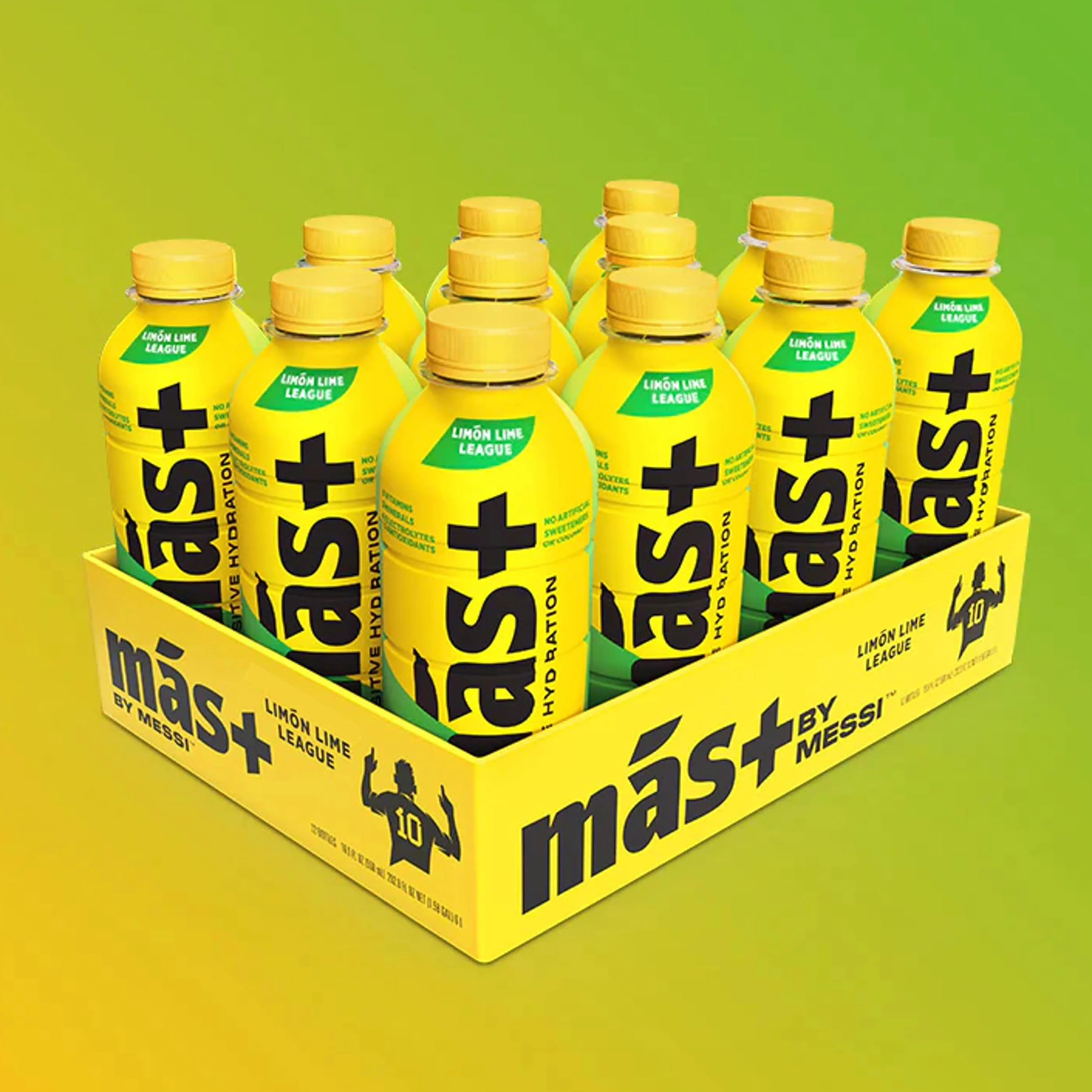 MAS+ BY MESSI - Lima Limón Pack 12 Un – Caja de 12 Botellas de 500 ml – Bebida Hidratante con Vitaminas, Minerales y Antioxidantes – Refrescante Sabor Cítrico – Solo 10 Calorías