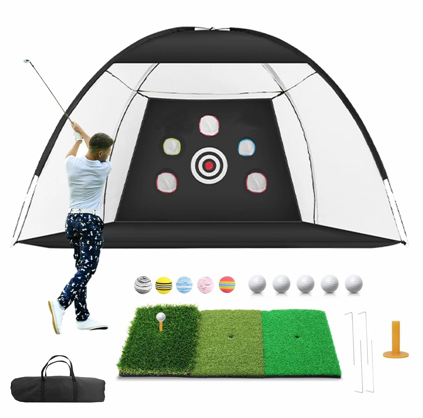 Golf Practice Net 10x7ft with Target Mat Balls Tee Indoor Training Equipment