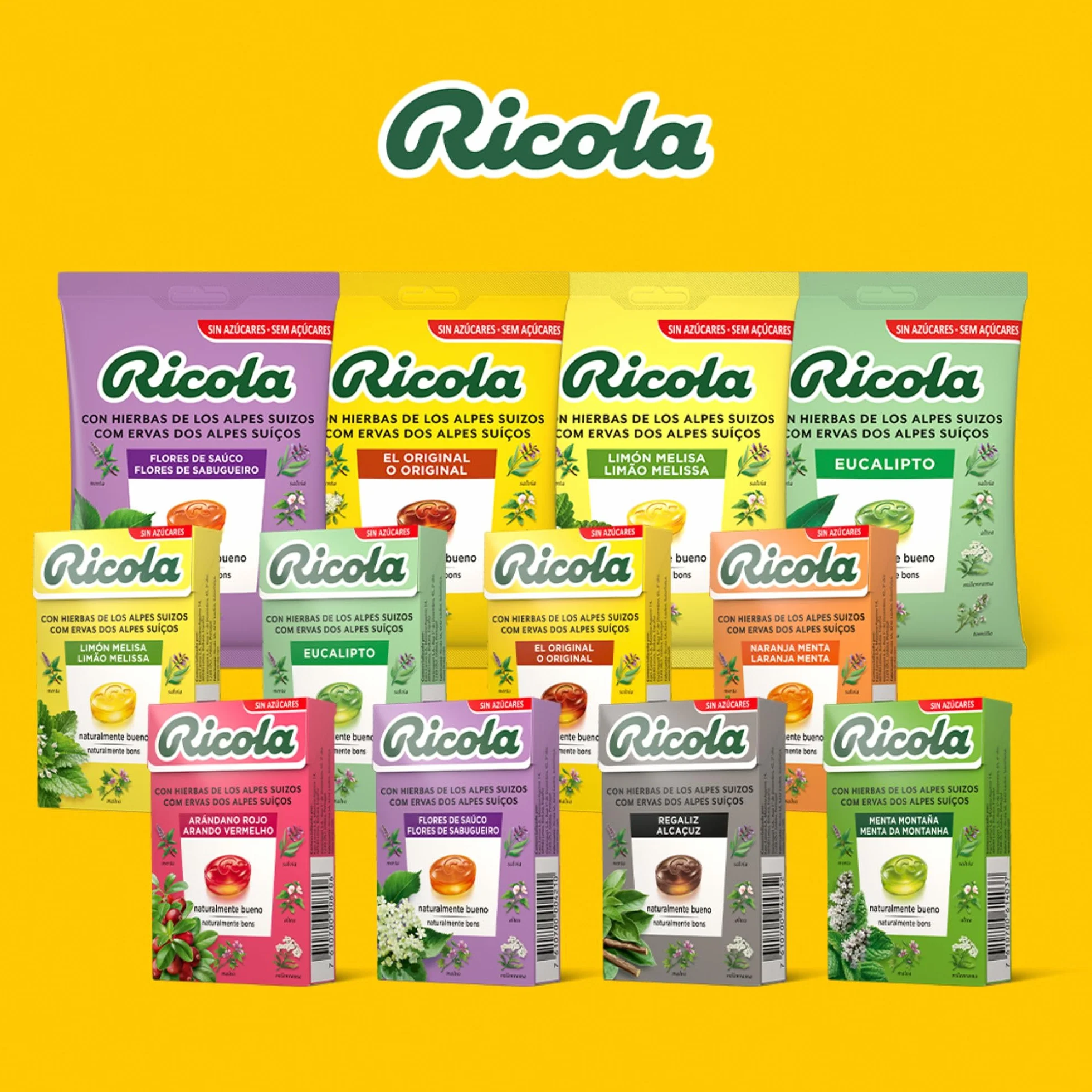 Ricola - Hierbas Suizas Original, Caramelos Duros Sin Azúcar, Refresca, Alivia la Garganta y la Respiración, con Aceites Esenciales de Menta, Mentol y 13 Hierbas Suizas, con Edulcorantes - Bolsa 70 g