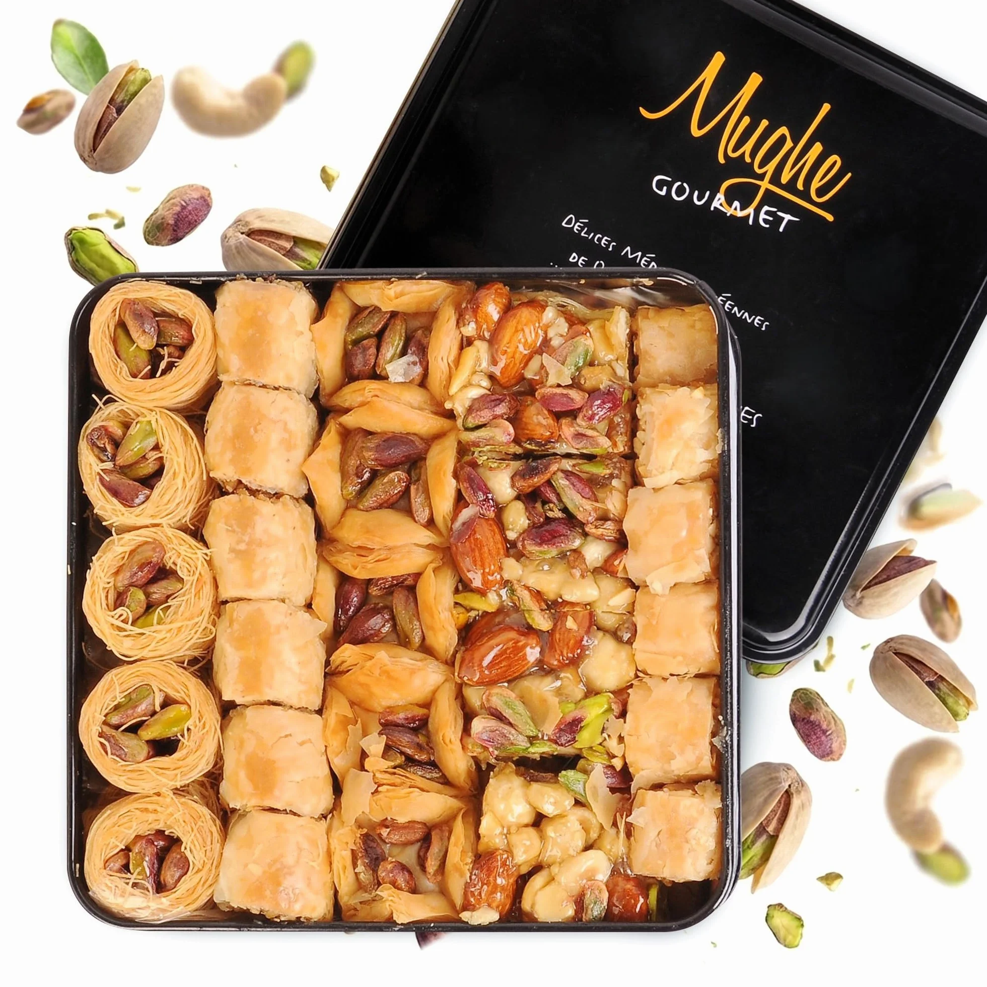 Mughe Gourmet - Caja de regalo de postres de baklava de lujo - Dulces frescos de pistacho turco Baklawa - 750g - doble capa - Regalos de pasteles para hombres y mujeres, Navidad, cumpleaños