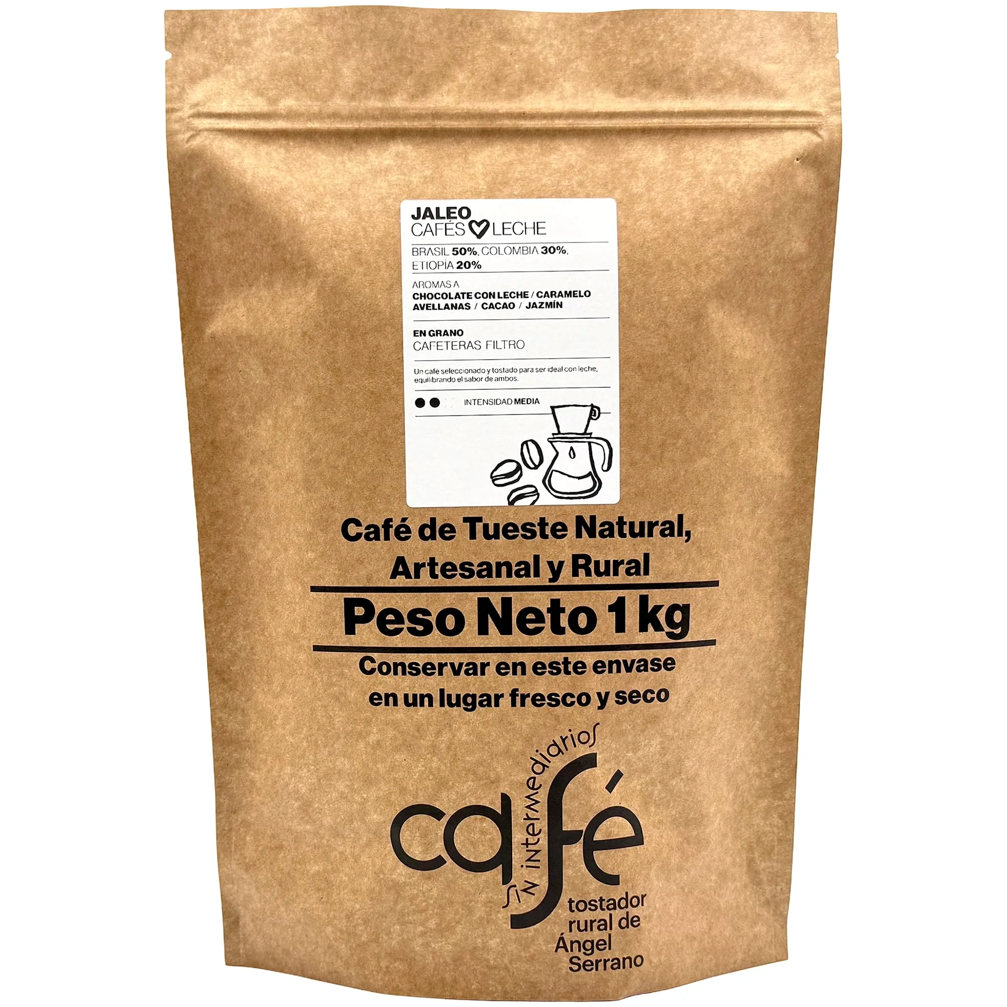 CAFÉ SIN INTERMEDIARIOS - Café de Brasil, Colombia y Etiopía - Jaleo - Ideal para combinar con leche - Intensidad de sabor Media - Recién tostado y envasado - 1 kg MOLIDO para cafeteras Exprés
