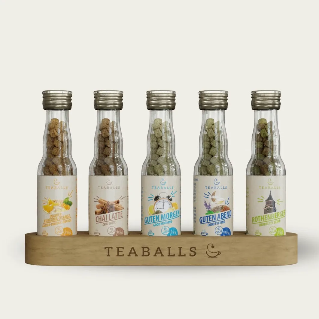 TEABALLS BIO Big Pure - Juego de 5 tazas de té (jengibre, cálcuma de jengibre, naranja y chai, buenas mañanas, buenas noches, té de hierbas de color rojo)