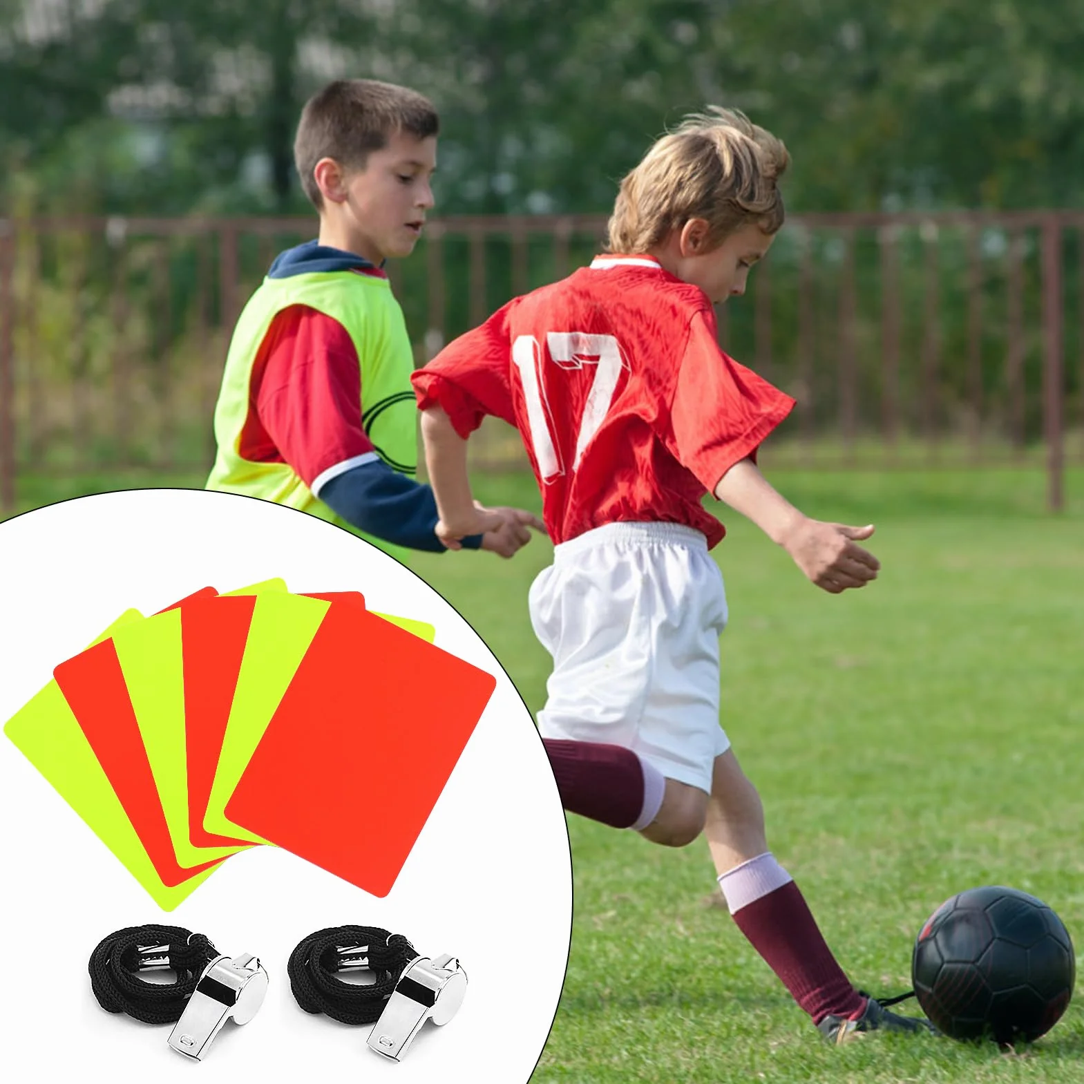 Tarjetas Rojas y Amarillas PVC con Silbato y Cuerda para Árbitro de Fútbol