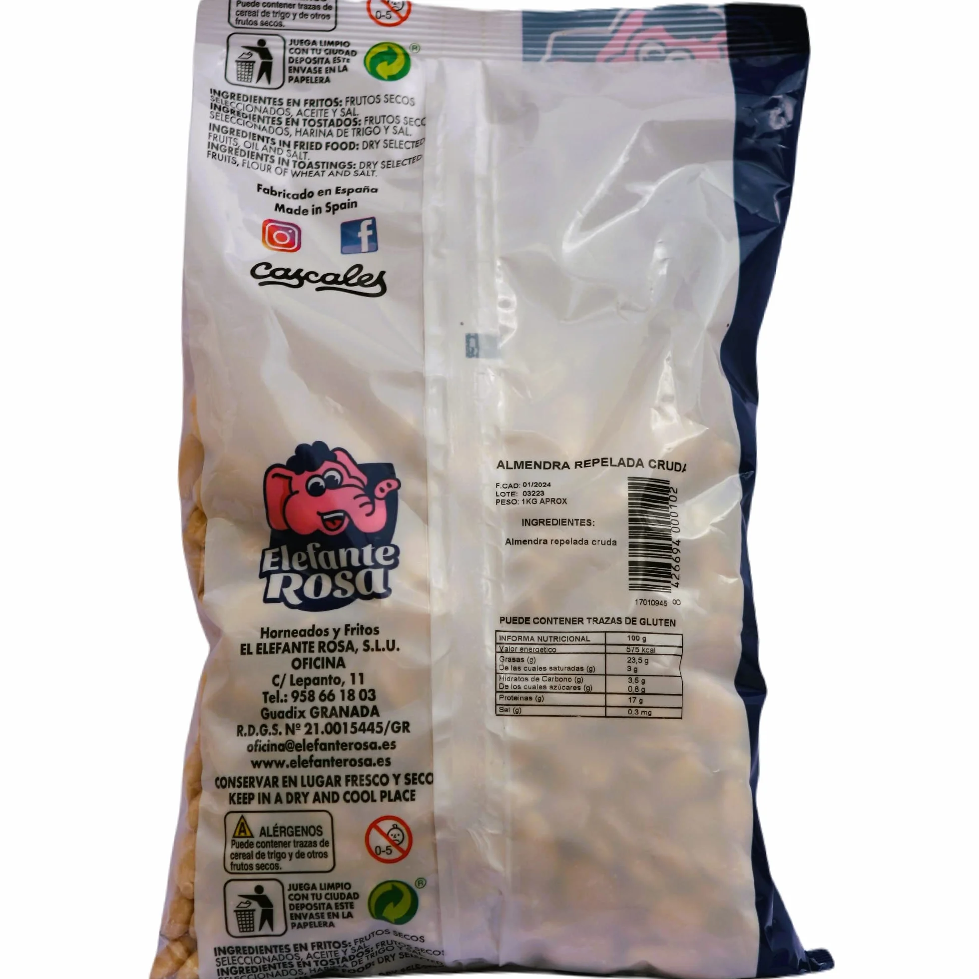 Almendras Peladas Crudas Bolsa de 1 Kg El Elefante Rosa - Fuente Rica y Saludable de Proteínas y Vitaminas - Almendras Naturales Enteras para una Dieta Balanceada y Snack Saludable