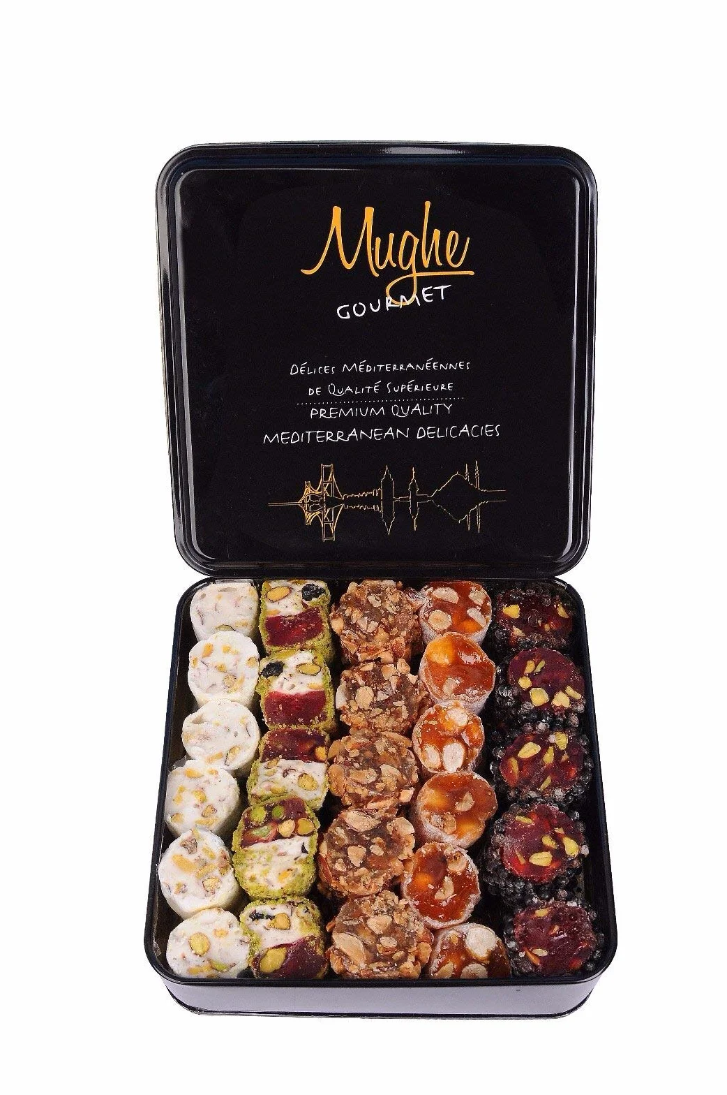 Mughe Gourmet- Caja de regalo de delicias turcas gourmet surtidas - Delicia turca de Pistacho, naranja, avellana y almendra - 1000gr - Halal y Vegetariano - Regalos perfectos para cumpleaños y más