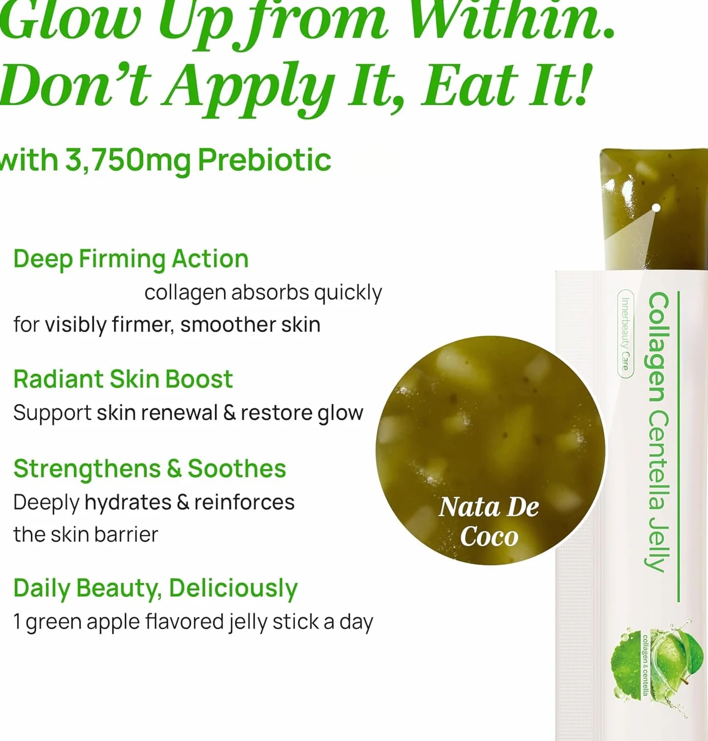 Centella|Jalea de colágeno, ayuda a hidratar y promover una piel sana, fortalecer el cabello y las uñas, gelatina con sabor a manzana verde rica en vitaminas