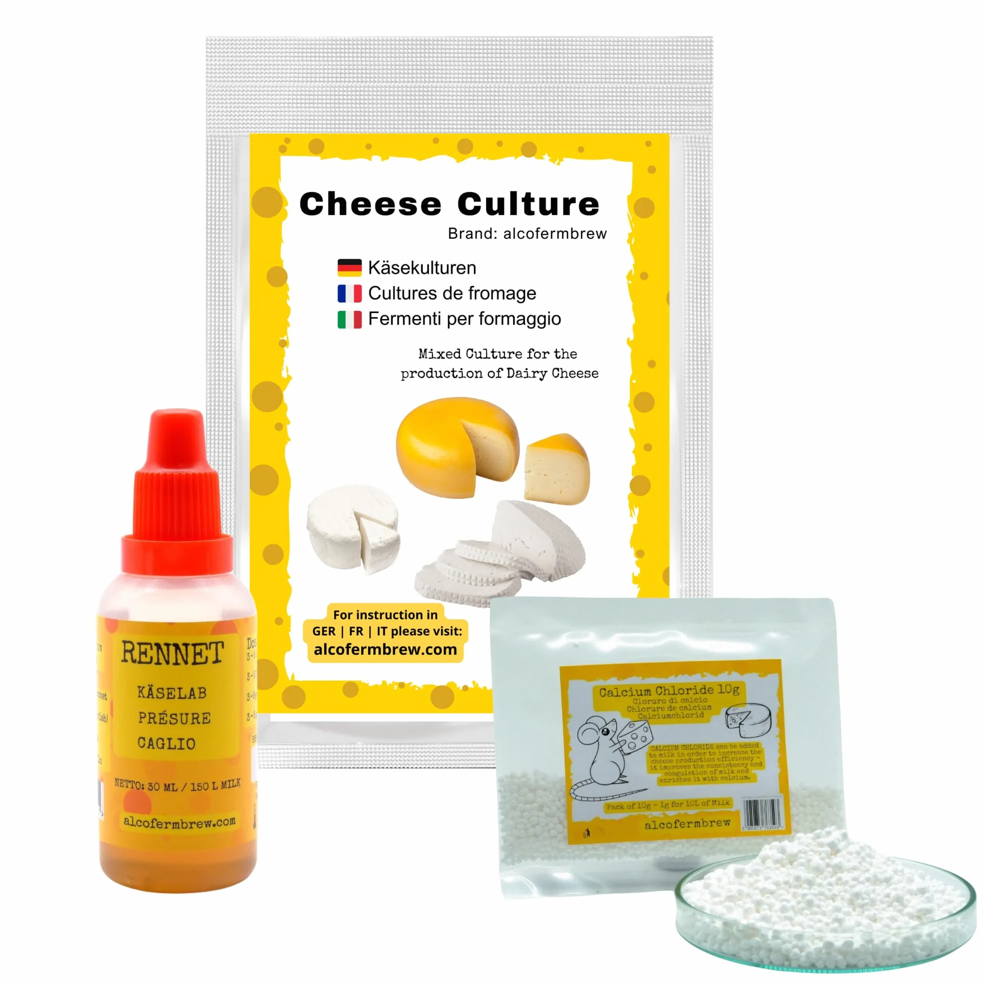 Kit para Hacer Queso – Cuajo Líquido, Cloruro de Calcio y Cultivos Bacterianos, para Leche de Vaca, Cabra y Oveja