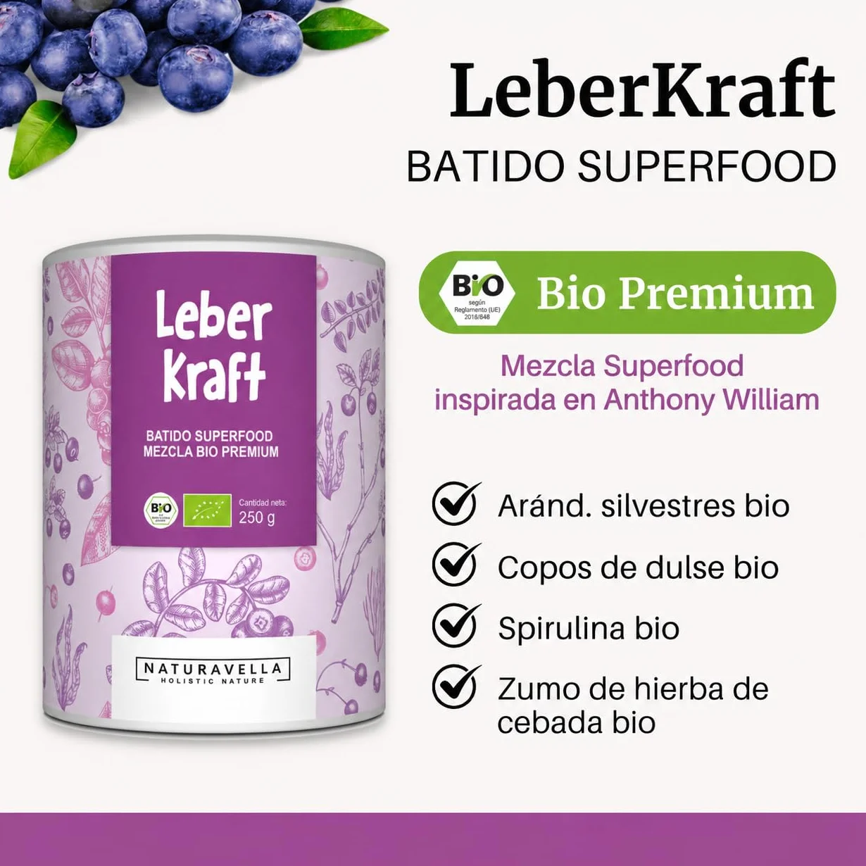 NATURAVELLA LeberKraft Superfood Bio 250g | Heavy Metal Detox con arándanos silvestres, hierba de cebada, espirulina y dulse | Receta Anthony William | Vegano