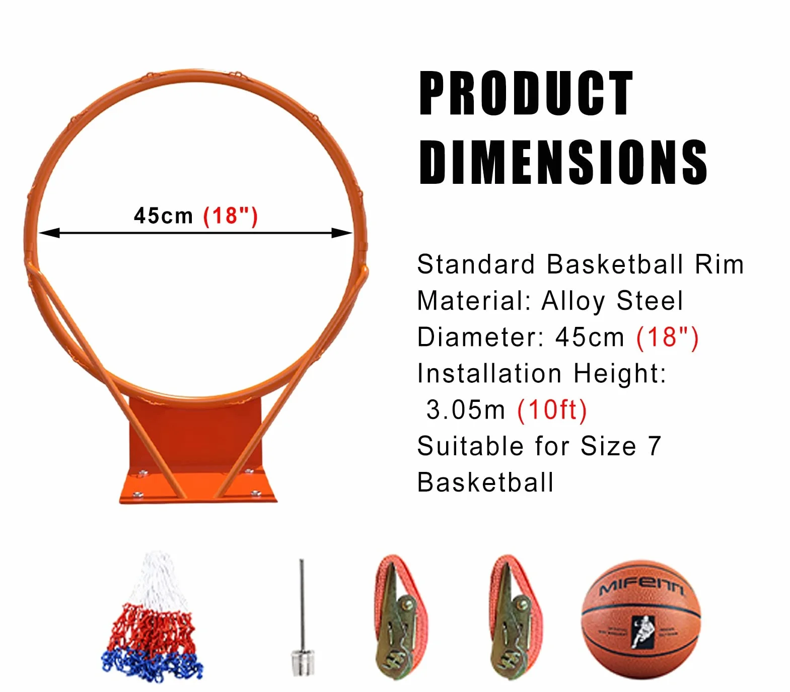 Aro de Baloncesto de Pared 46cm Exterior - Canasta Acero con Red, Altura Ajustable (200-250cm), Resistente a la Intemperie para Jardín OXFUZZ