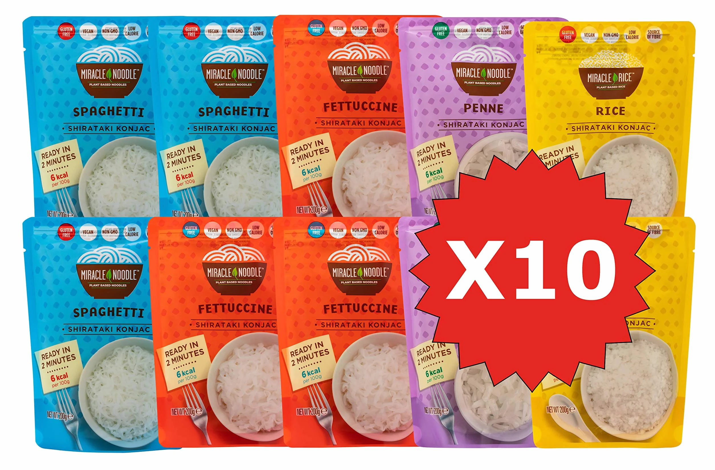 Miracle Noodle Pasta Shirataki de Konjac Sin Hidróxido de Calcio, Lista para Usar, Caja Assortida 10 Paquetes 200g