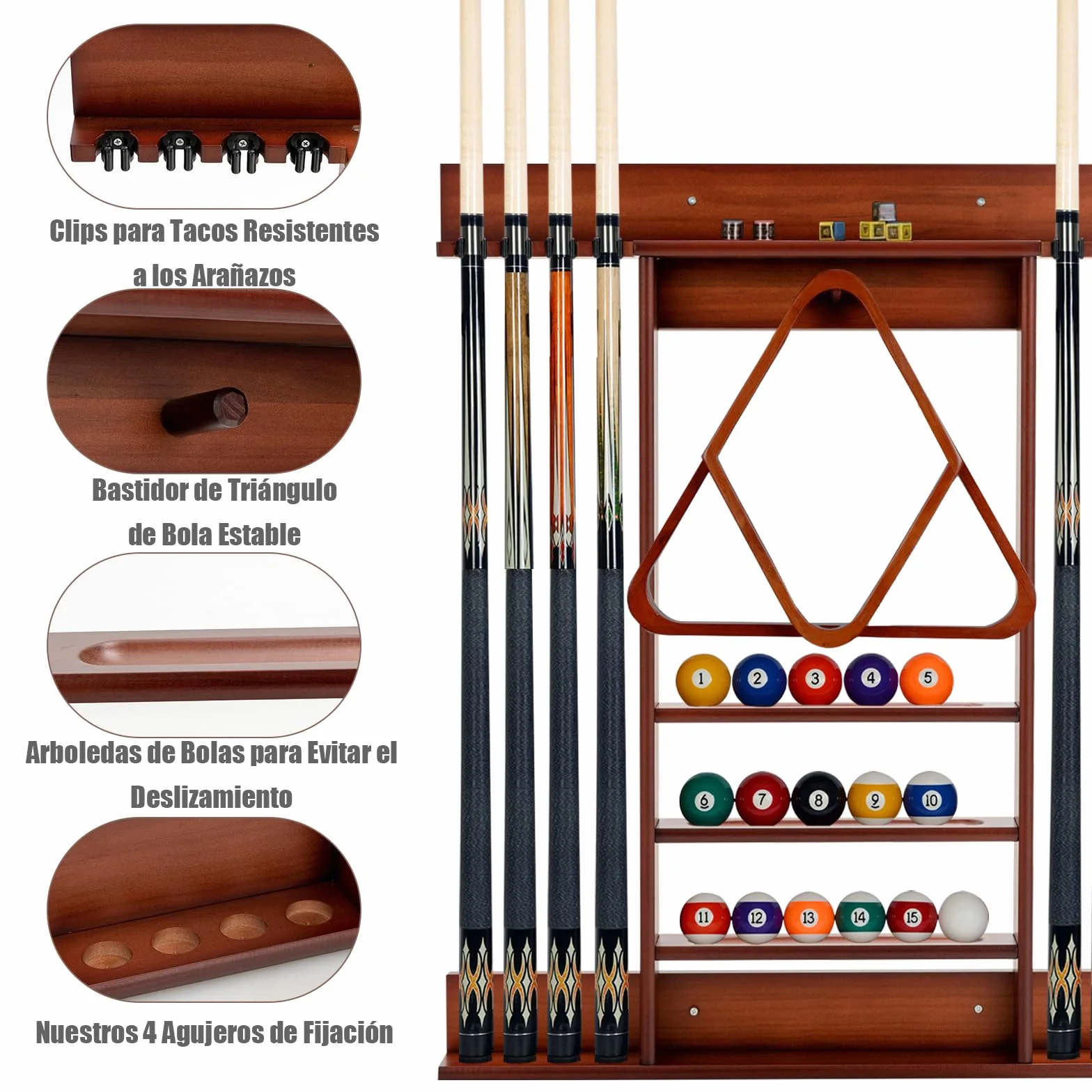 GYMAX Soporte para Tacos de Billar de Madera de Pino, para 8 Tacos, 15 Bolas y Accesorios