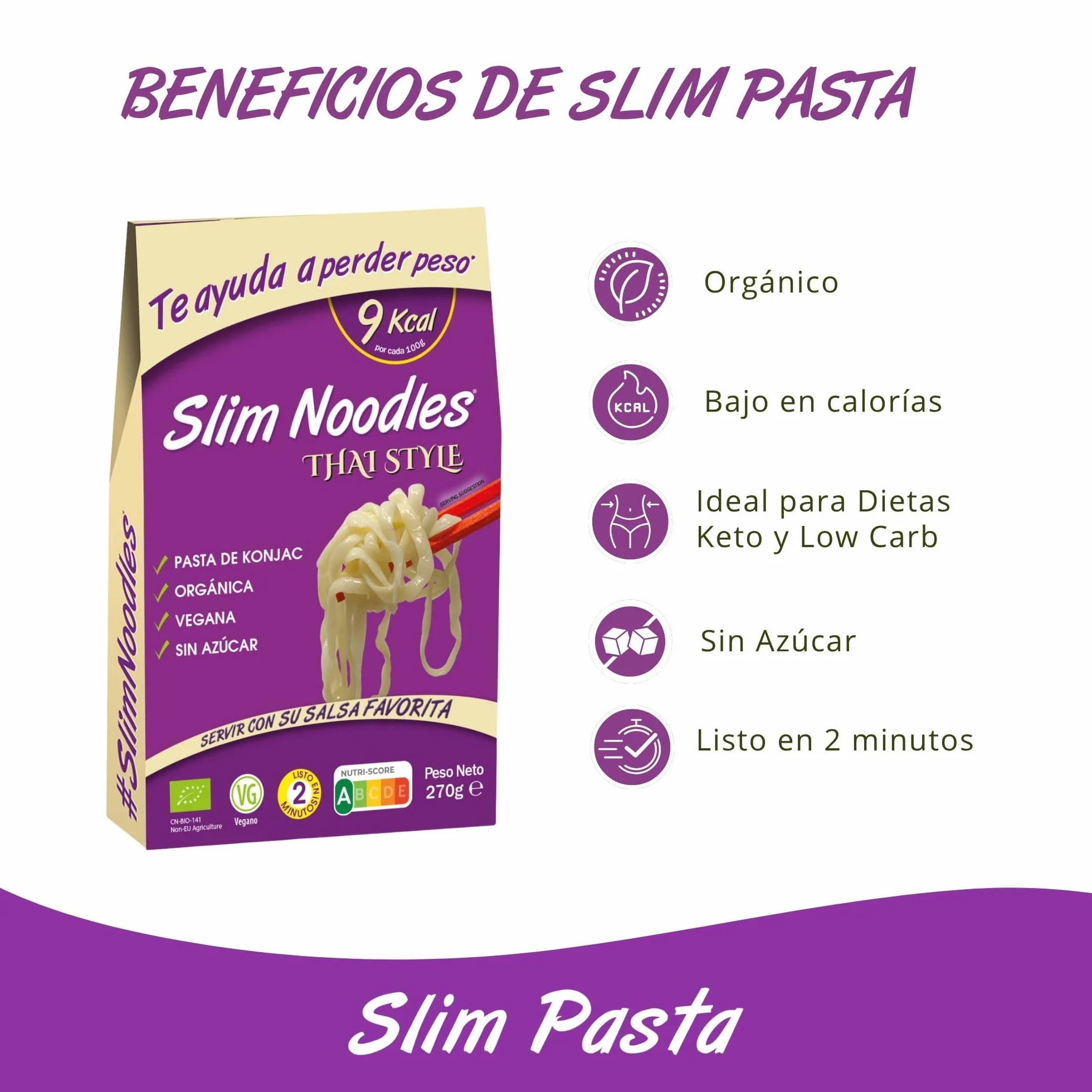 Slim Pasta - Pack de 12 Unidades de Noodles Thai Style de Konjac - Sin Calorías ni Carbohidratos - Ideal para Dietas Keto y Low Carb - Apto para Veganos - Elaborado con Harina de Konjac