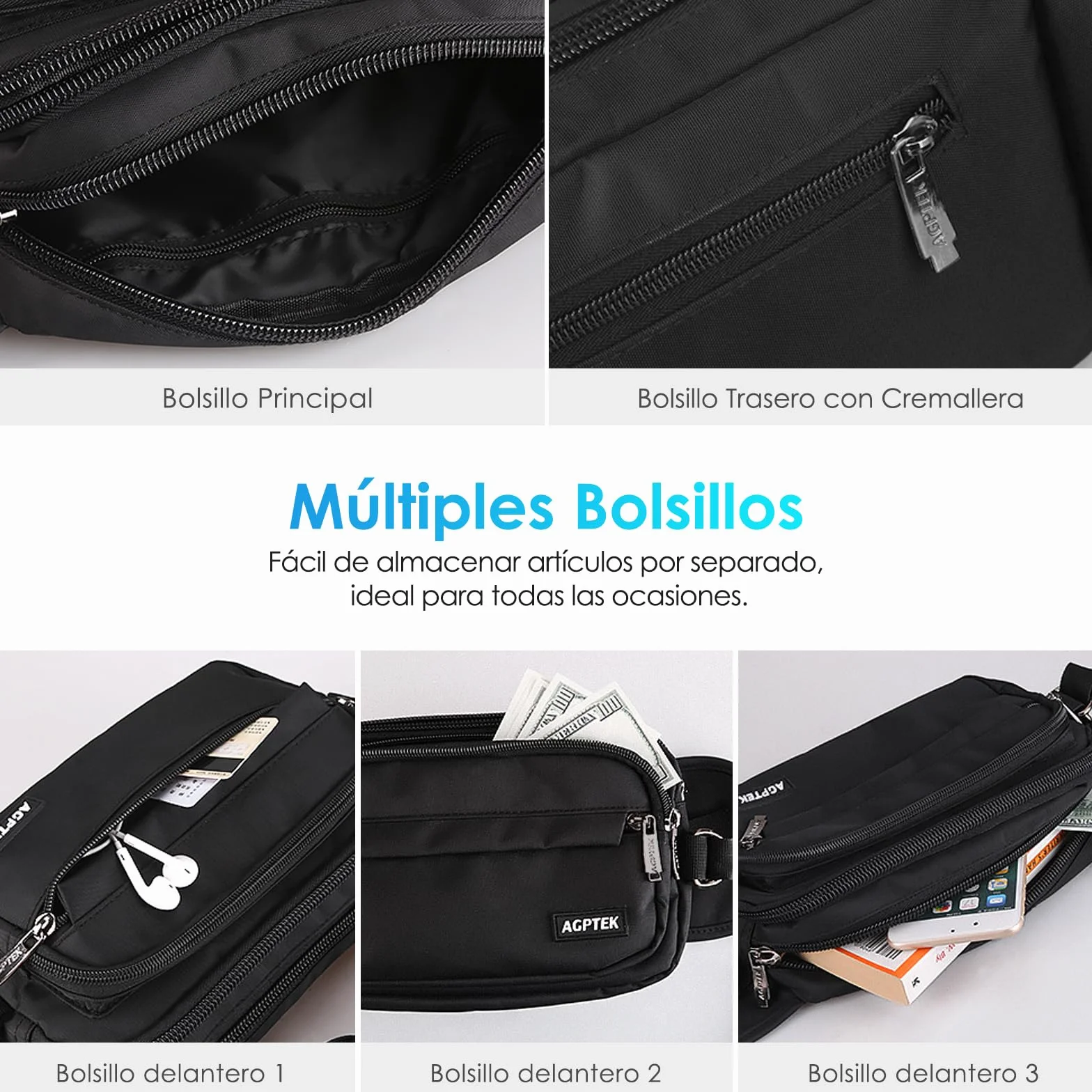 AGPTEK Riñonera Deportiva Grande Antirrobo RFID 5 Bolsillos Cinturón Ajustable para Running Viaje