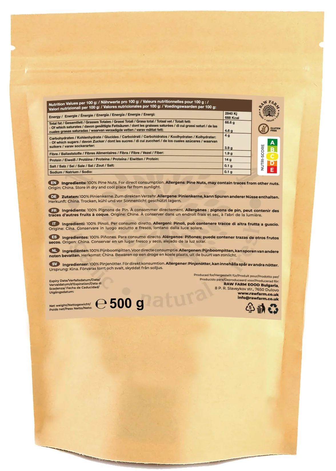 Raw Farm - Piñones Crudos - 500g - Sin Gluten, Naturales y Secados Suavemente, Perfectos para Cocinar, Hornear y Ensaladas
