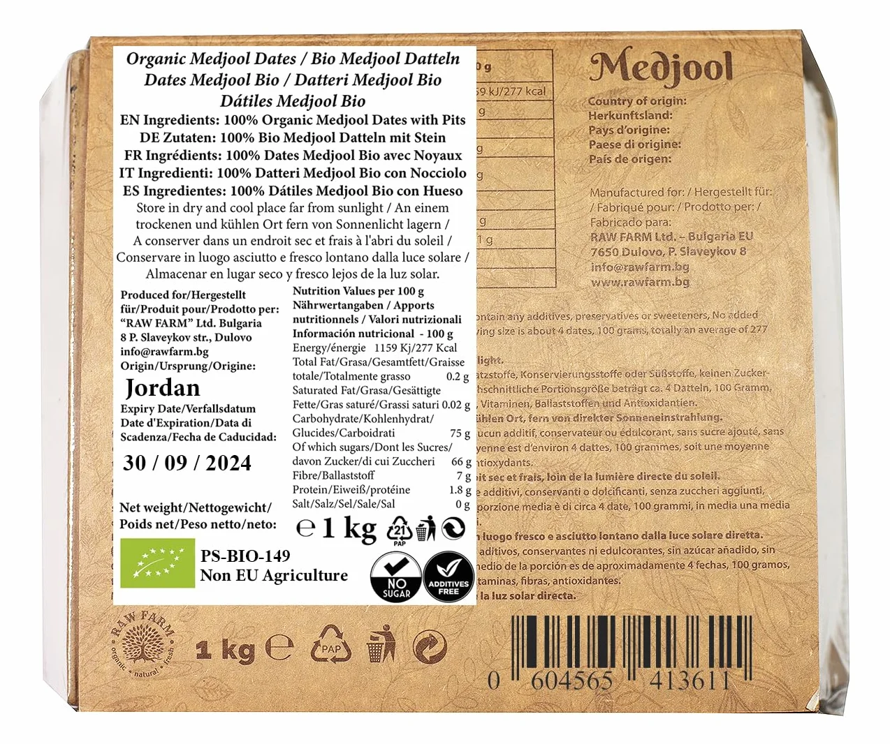 Raw Farm Dátiles frescos orgánicos Medjool, Tamaños Medianos Seleccionados con piedras 1 kg