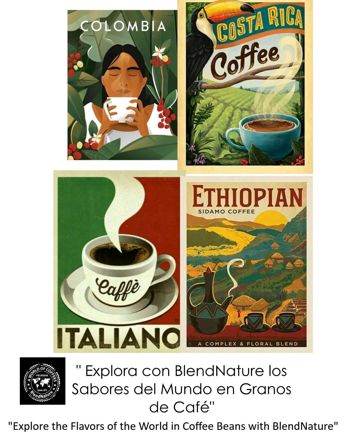 Café pack 4 x 250g en Grano - Seleccion mejores Cafes del mundo Arabicas +Brasil Colombia Etiopia y Tanzania + Caja regalo + Taza vintage - Maxima calidad avalada por la SCA