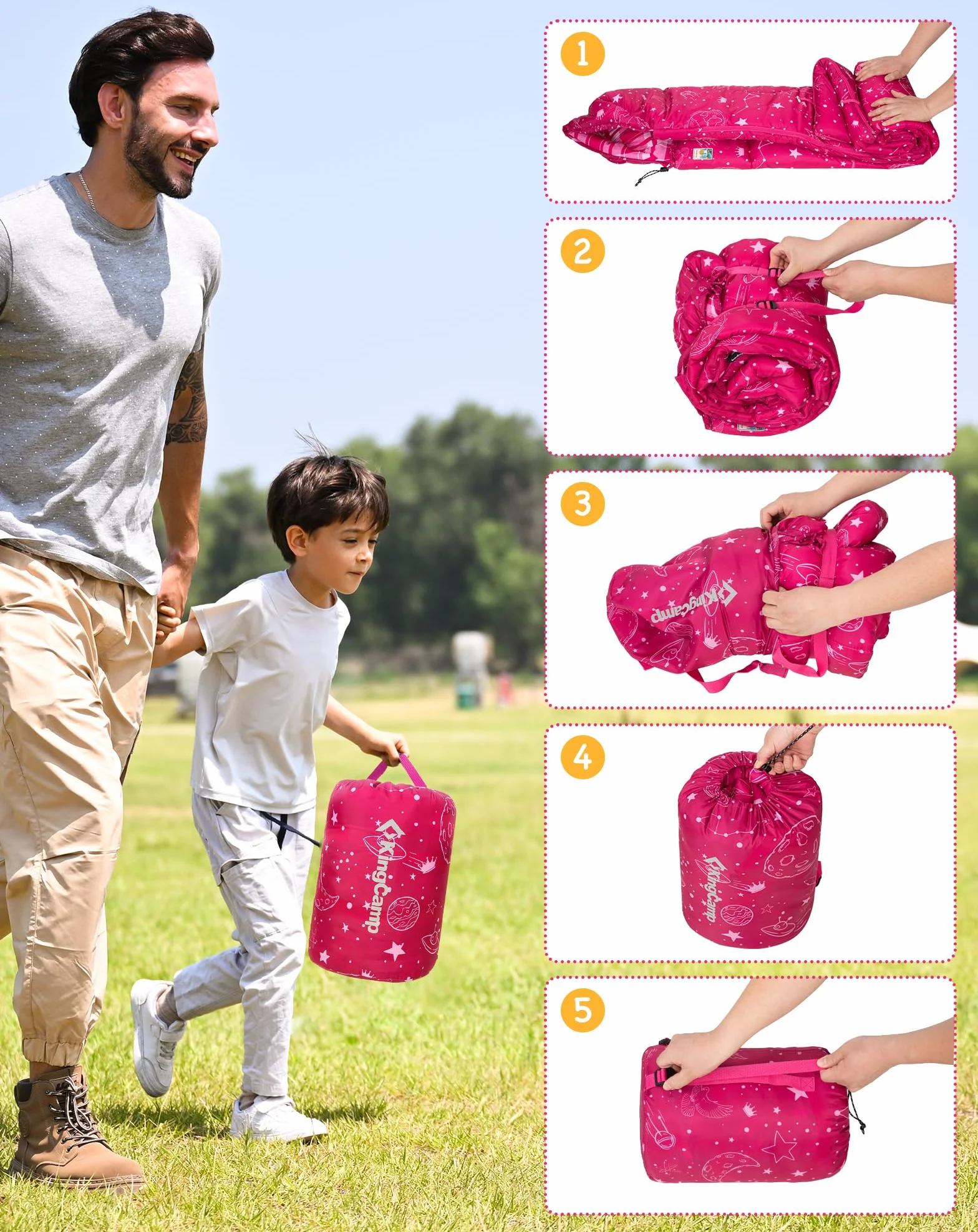 KingCamp Saco de Dormir Niños Franela de Algodón | 170 X 70 cm | 7℃ a -13 ℃ | Cálido y Cómodo para Niñas(Altura máxima hasta 145 cm) | Invierno Camping Accesorios, Viajes y Actividades
