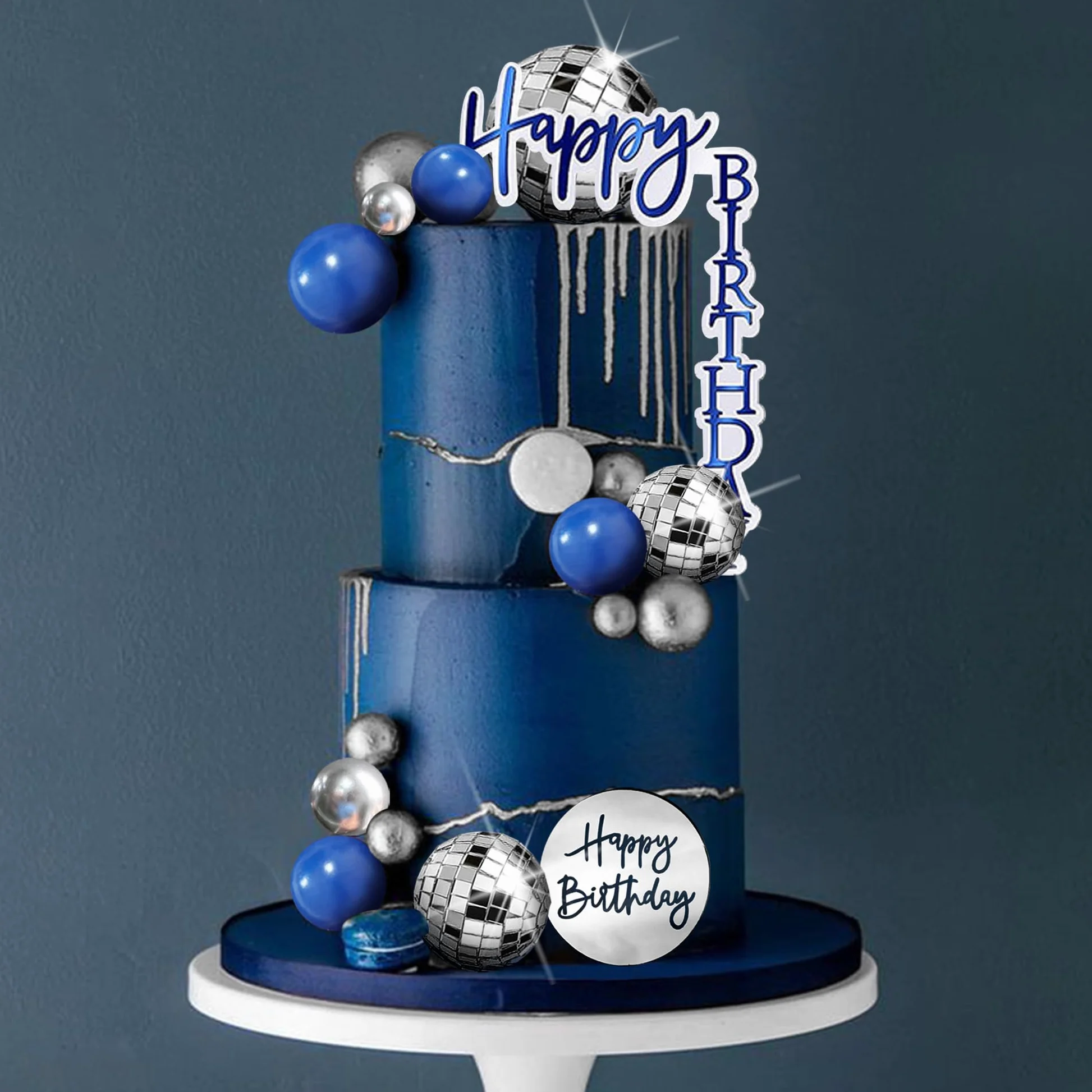 Decoración para tarta de hombre, bola de discoteca azul y plateada, decoración bohemia para tartas, decoración para tartas azul marino, bohemio, boda, hombre, niño, fiesta de cumpleaños, baby shower