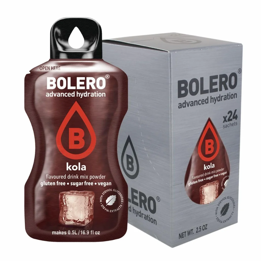 Bolero Drinks, 24 sobres de 3 gramos, sabor a fruta, preparación en polvo soluble en agua para bebidas frescas, 72 gramos, endulzado con stevia (Cola)
