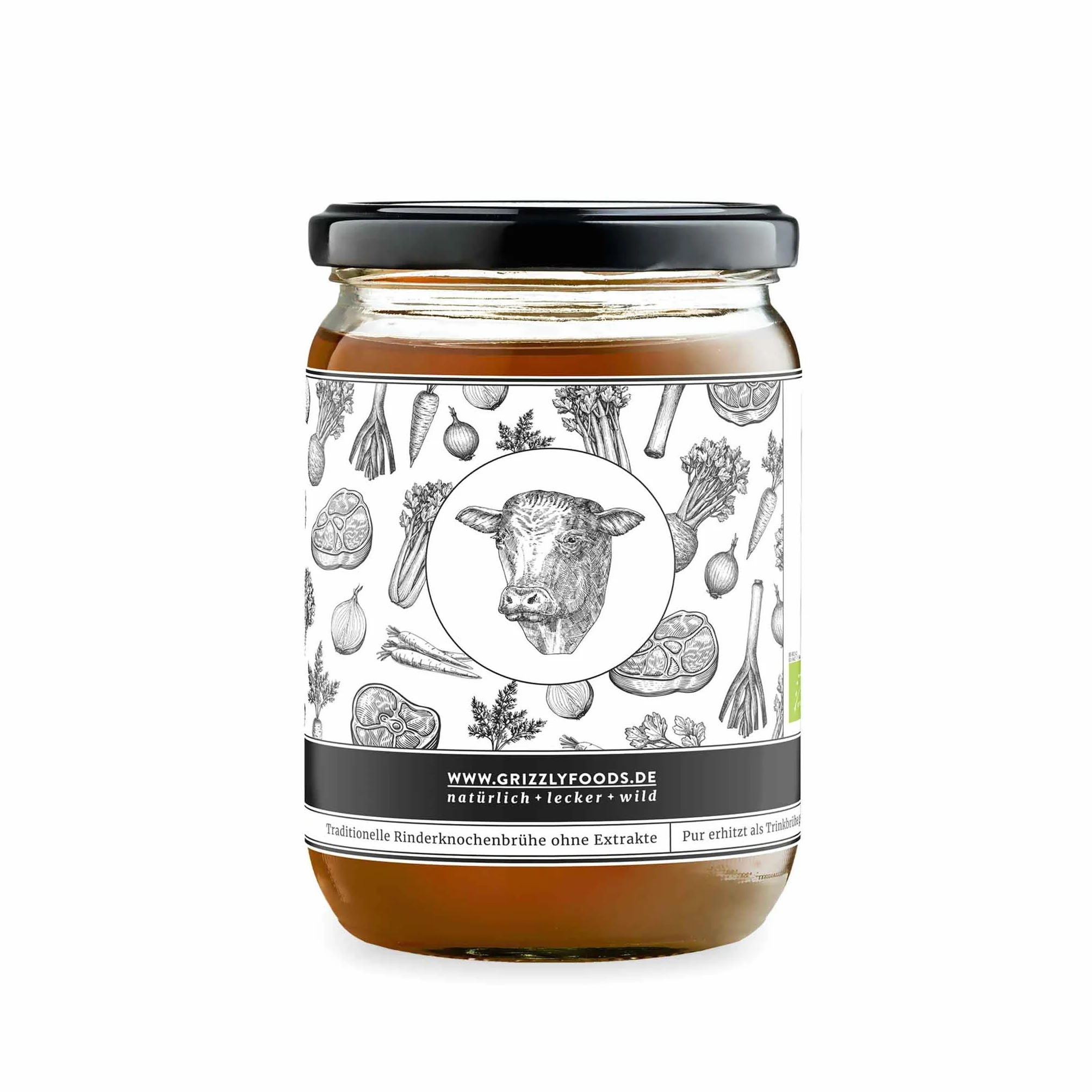 Grizzly Foods Caldo de Hueso de Ternera Orgánico 6 x 500 ml Colágeno 25 g Bone Broth