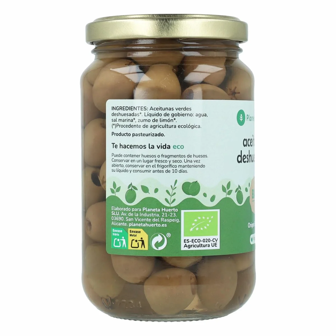 PLANETA HUERTO | Aceitunas verdes deshuesadas ecológicas Eco 335 g - Aceitunas Conservadas en salmuera natural con limón, 100% agricultura ecológica