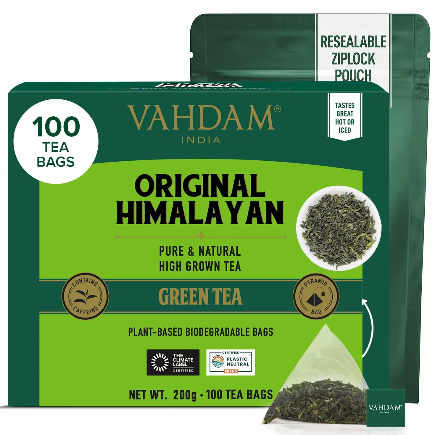 VAHDAM, Himalayan Té Verde (100 Piramidales Bolsitas De Té) 100% Pura Y Natural | Envasado Fresco En La India | Caliente, Frío O Como Kombucha