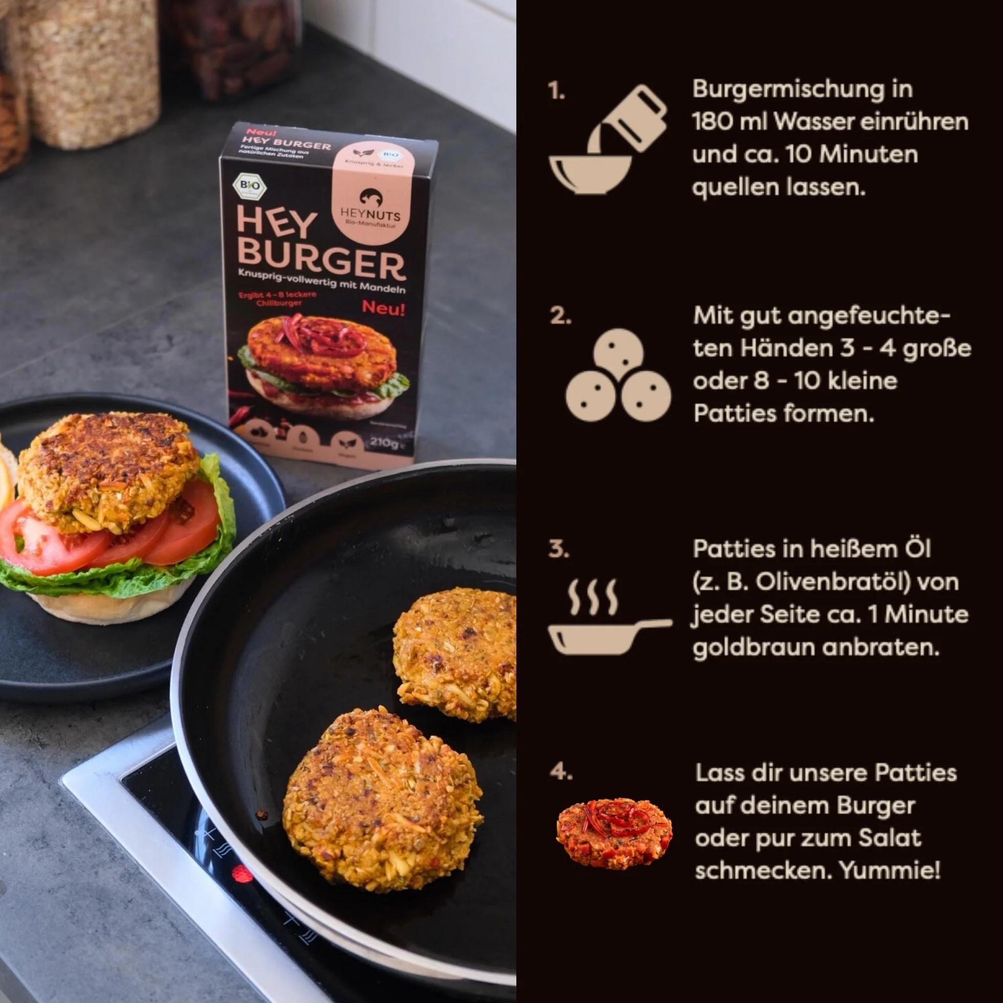 HEYBURGER hamburguesa vegana para verduras, sabor chilli, 100% natural, certificada orgánica, alto contenido de proteínas, fabricación - alto contenido de proteínas, orgánico, sin aditivos, delicioso