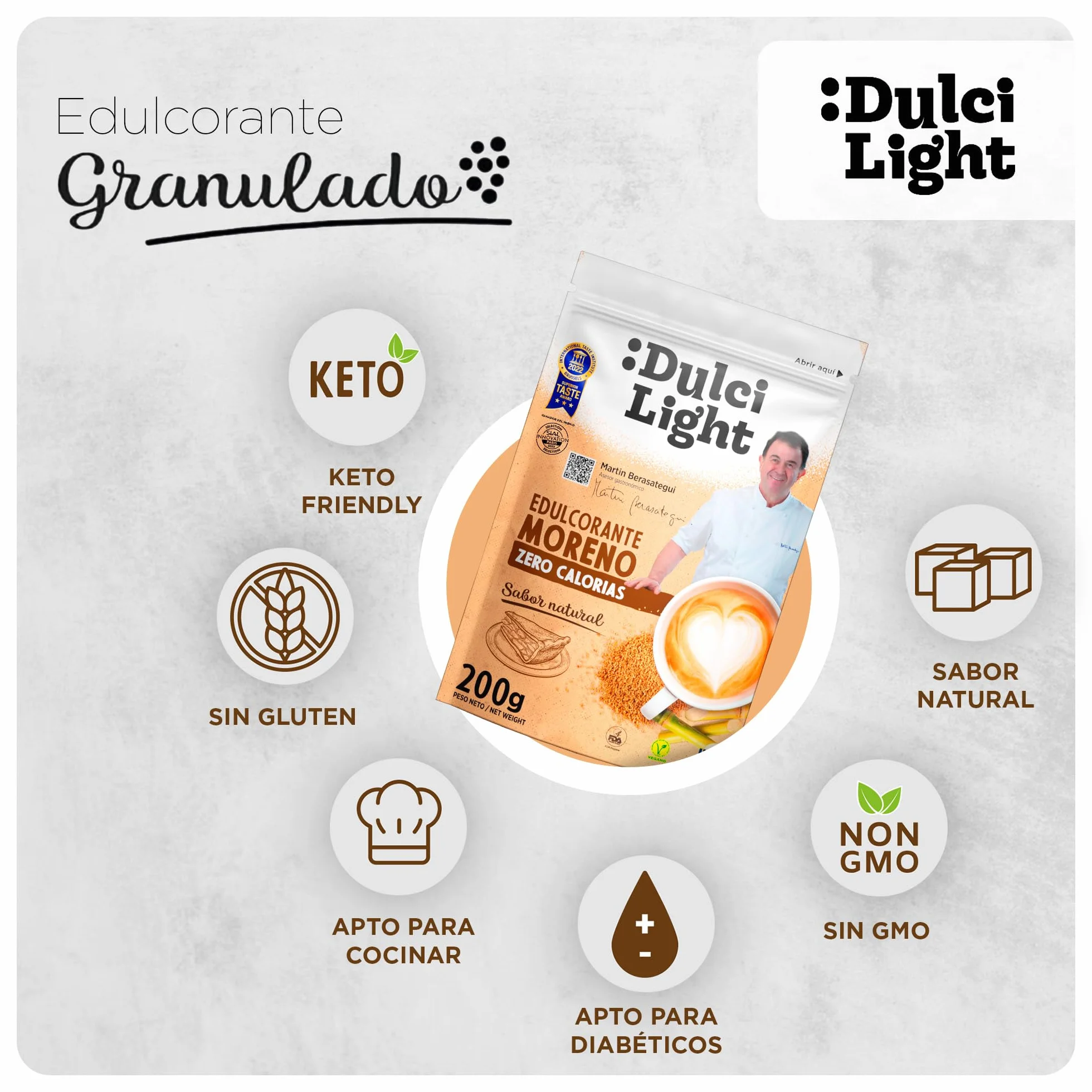 Dulcilight Edulcorante Moreno Zero Doypack 200 gr |Sustituto del azucar Moreno Sabor Natural | 200 gr = 2kg Azúcar |Granulado con Fibra Vegetal | keto | No OMG | edulcorante a Granel