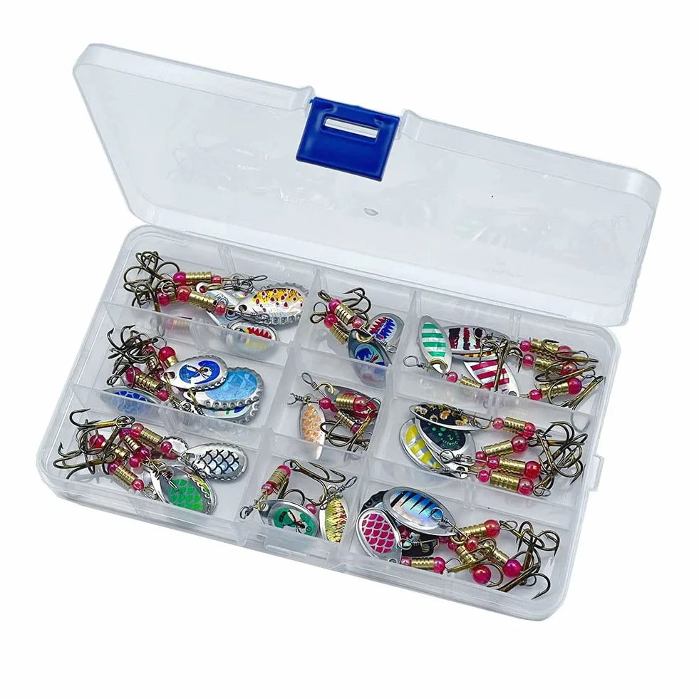 FedMois 30 Piezas Cucharillas Pesca para Trucha Lucio Perca Kits de Señuelos con Caja de Plástico