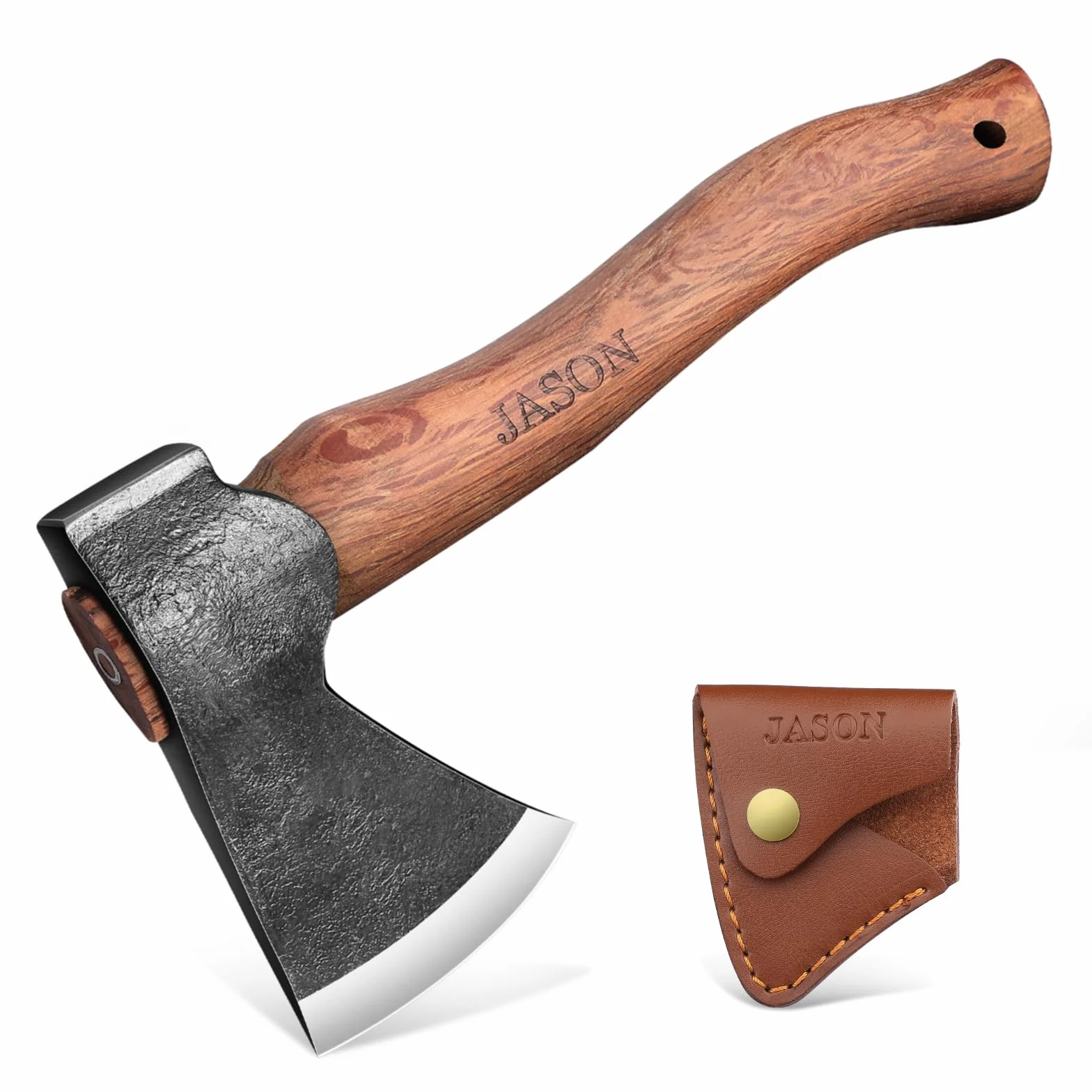 JASON Hacha de mano con mango de madera 30 cm Hacha de supervivencia al aire libre con vaina de PU Hacha de vikingo forjada a mano