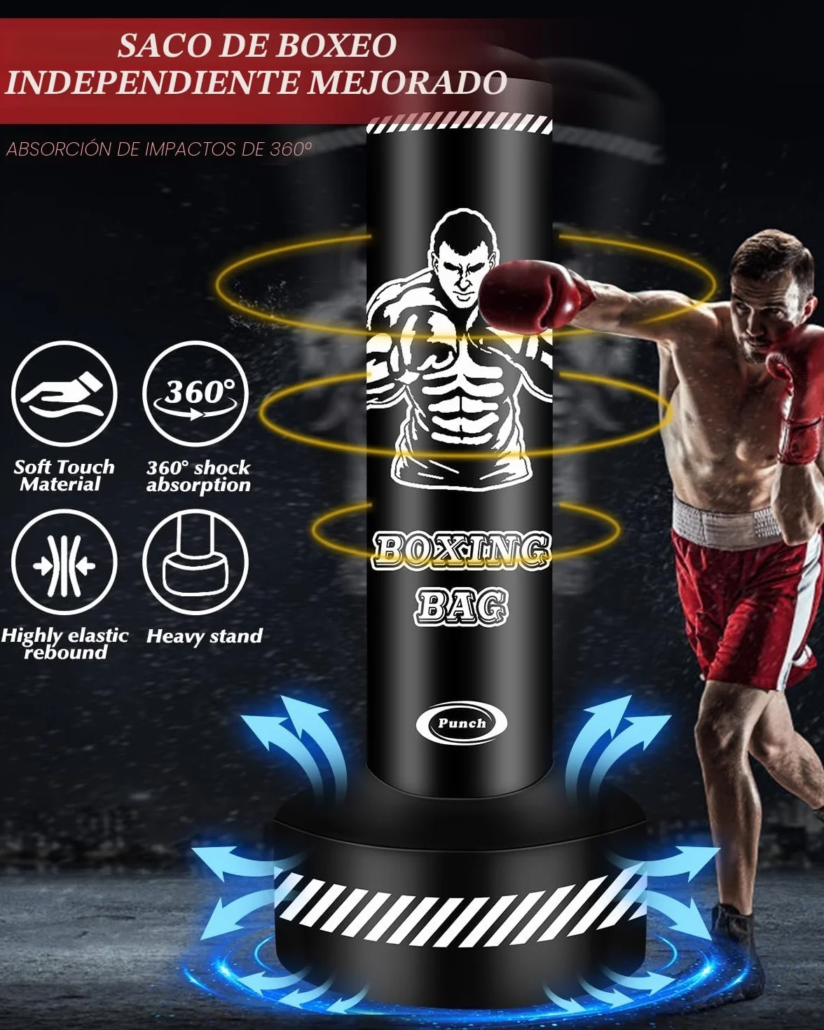 Saco de Boxeo para Adultos 180 cm Inflable Pesado con Soporte Kickboxing Artes Marciales Mixtas