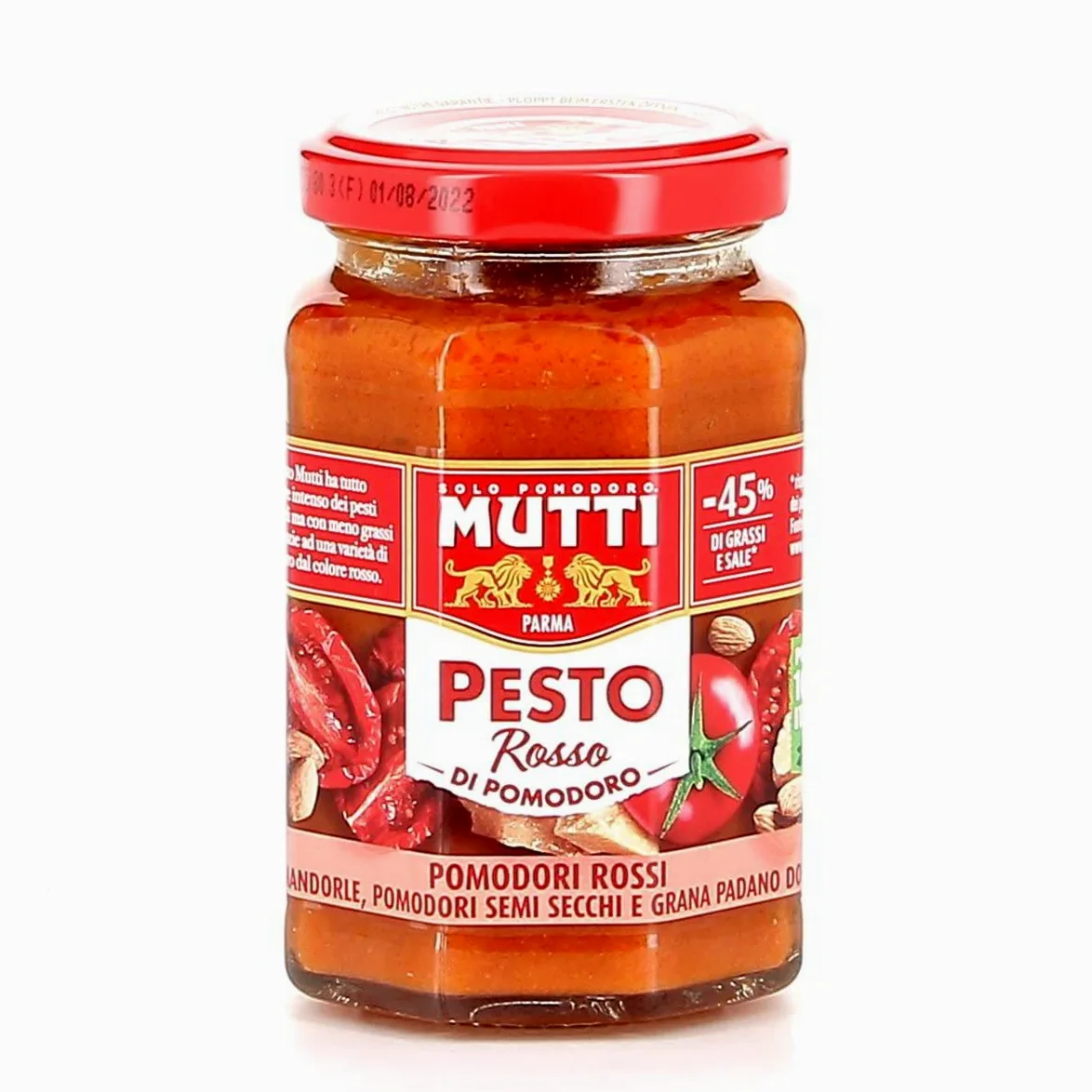 24 x Mutti Pesto Rosso Pomodori Rossi Pesto de tomate rojo Pasta Salsa 100% Tomate Italiano Vaso 180 g Salsas de especias con almendras, tomates, semillas secas y Grana Padano