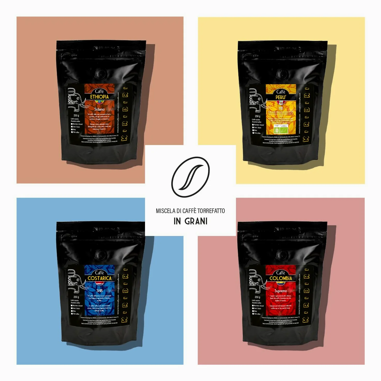 KIRIBIRI Café Especial de Origen 100% Arábica en Grano - Paquete de 4 x 250 g - Orígenes: Colombia, Costa Rica, Perú Orgánico, Etiopía