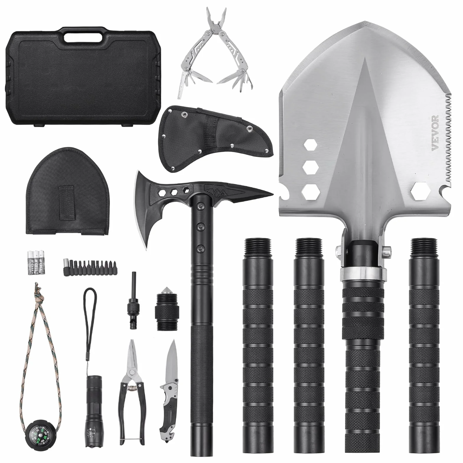 VEVOR Pala de Supervivencia 28 en 1 Hacha Plegable Acero Inoxidable para Acampar Senderismo