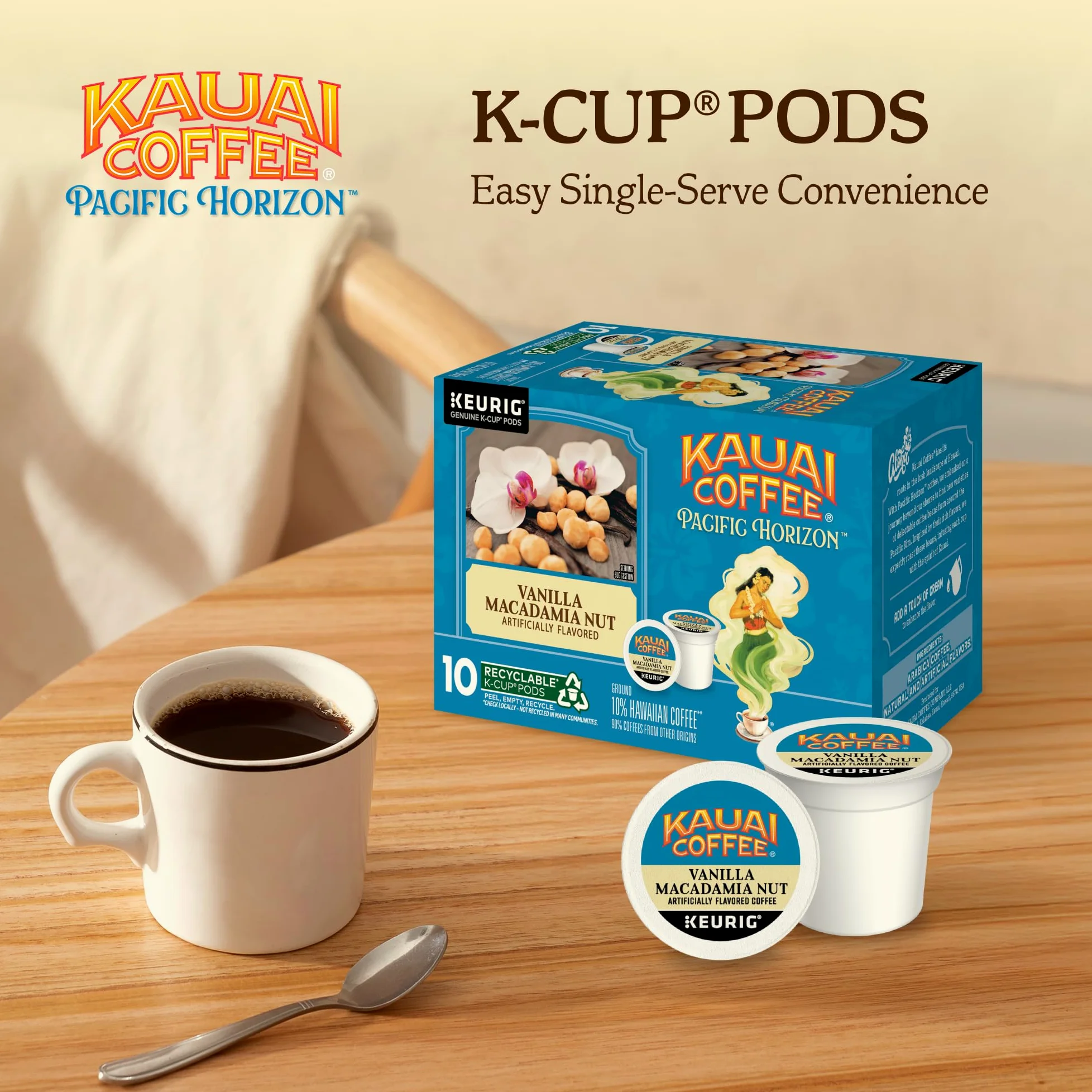 Kauai Coffee K-Cup Pods - Vainilla Macadamia Nut, 10 cápsulas K-Cup | Tostado medio, café arábica, 10 % hawaiano, para cafeteras Keurig, porción única, granos de vainilla con nueces de macadamia