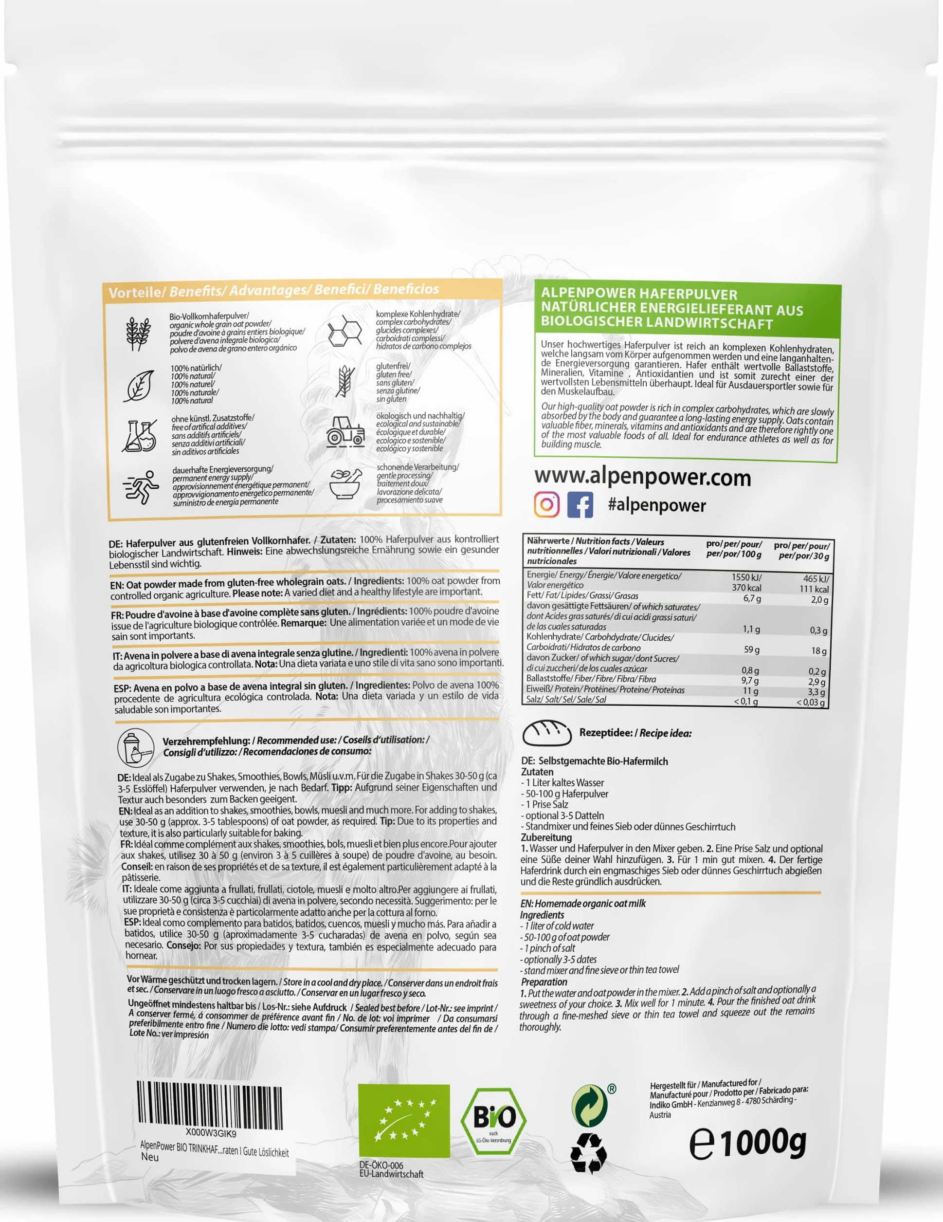 AlpenPower Avena Orgánica en polvo 1 kg - 100% pura avena integral en polvo sin aditivos - Sin gluten y rico en carbohidratos complejos