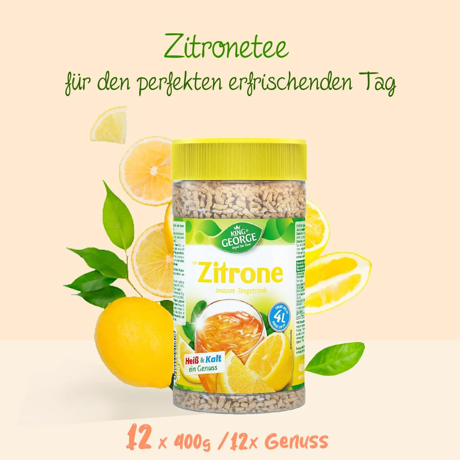King George Bebida de té instantánea de limón, 12 x 400 g Bebida de té instantánea de cítricos y limón con Vitamina C, Paquete económico de té en Migas, Bebida en Polvo, Bebida refrescant