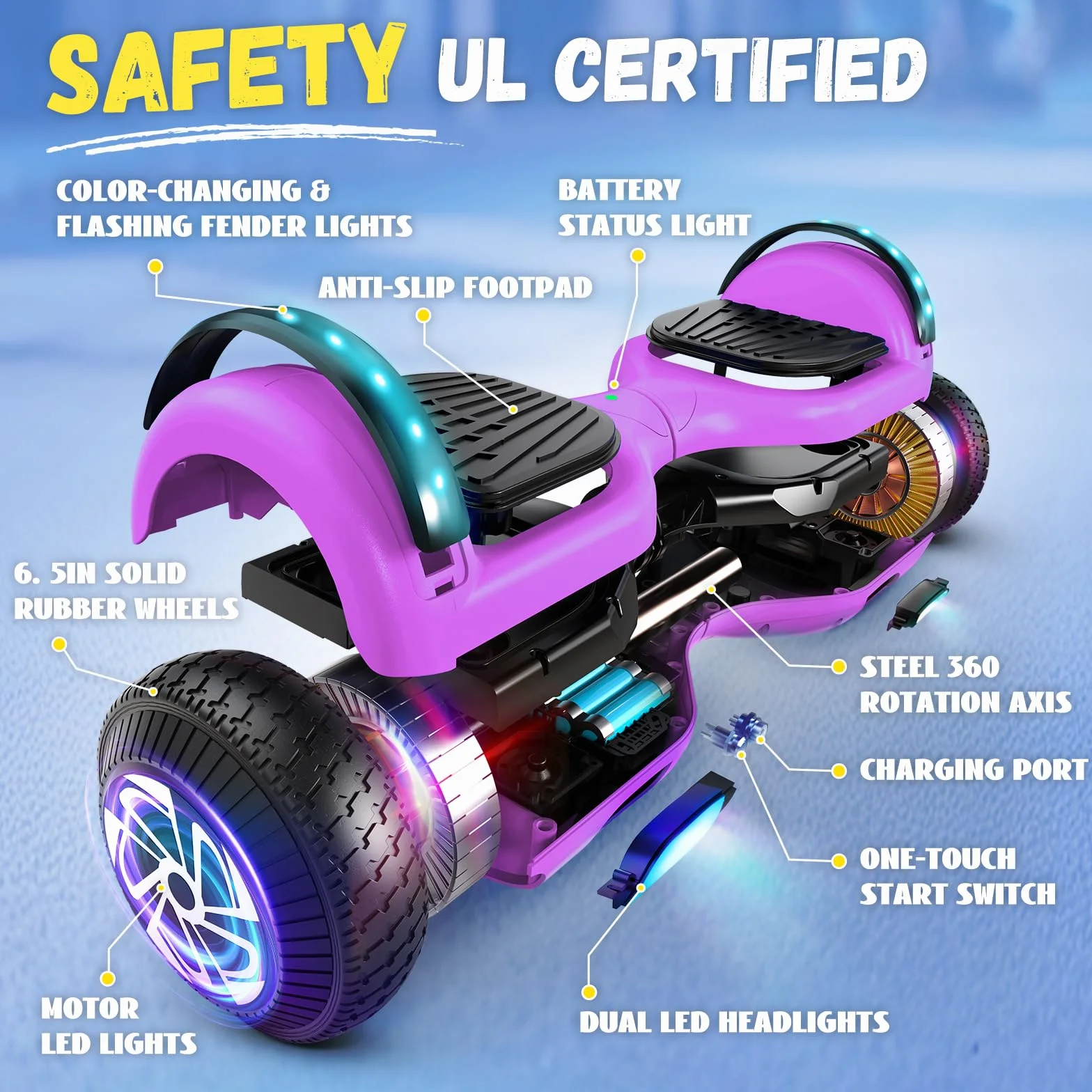 SISIGAD 6,5 pouces Scooter auto-équilibré avec haut-parleur Bluetooth et éclairage LED