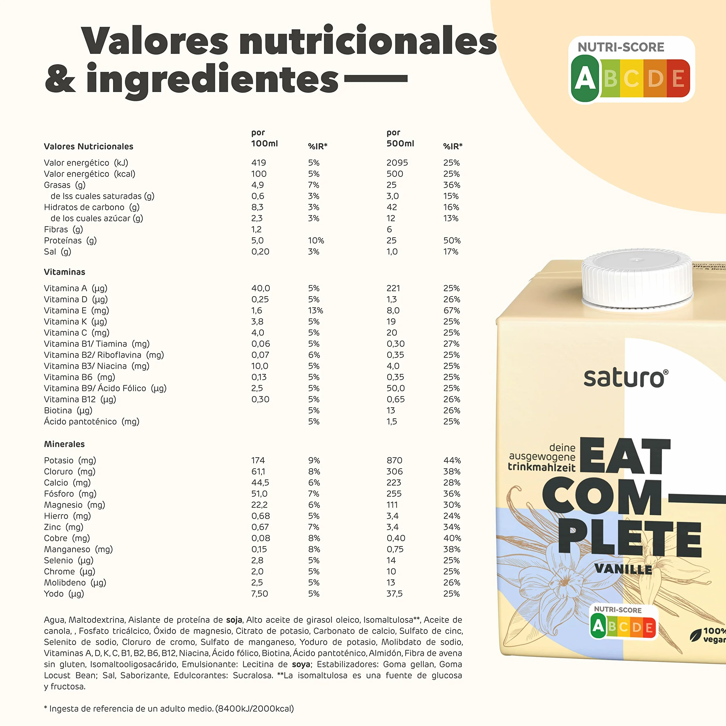 Saturo Batido de Vainilla Sustituto de Comida | Comida para astronautas con proteínas y 500kcal | Vegano | Comida bebible con nutrientes esenciales | 6 x 500 ml