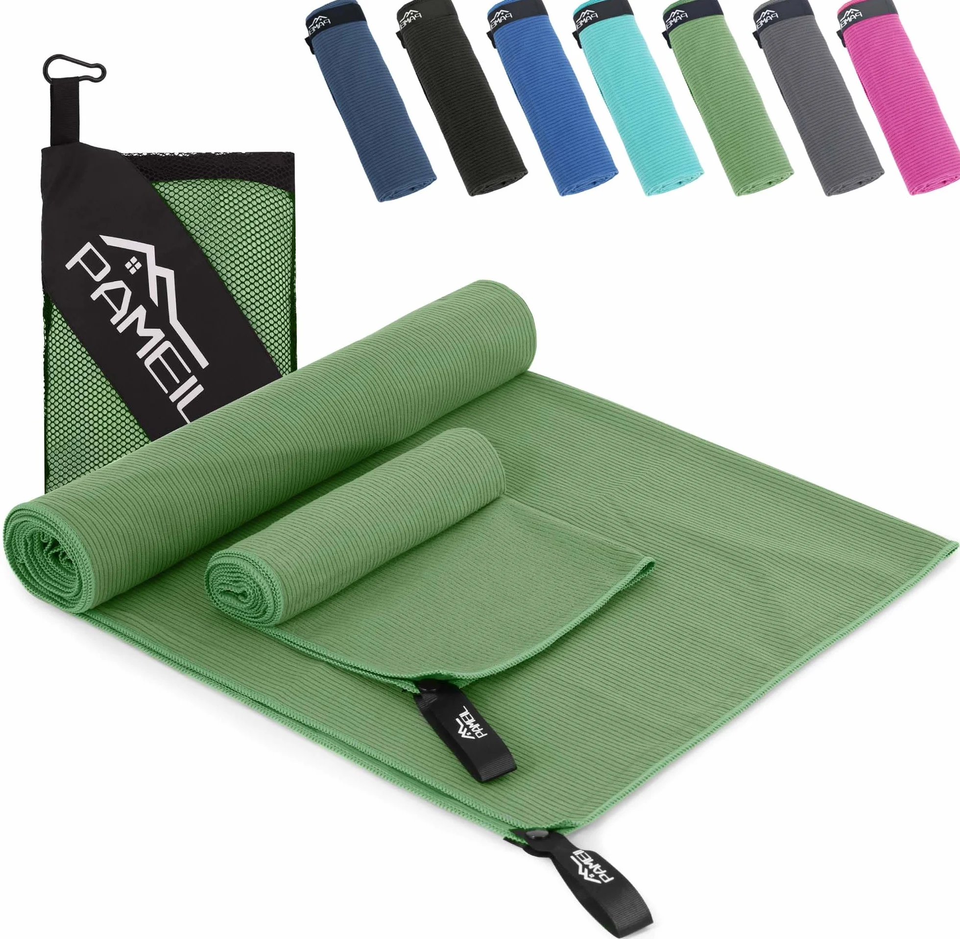 Pameil Toallas Gimnasio Juego de 2 Microfibra 160x80 cm + 80x40 cm Secado Rápido Verde Militar