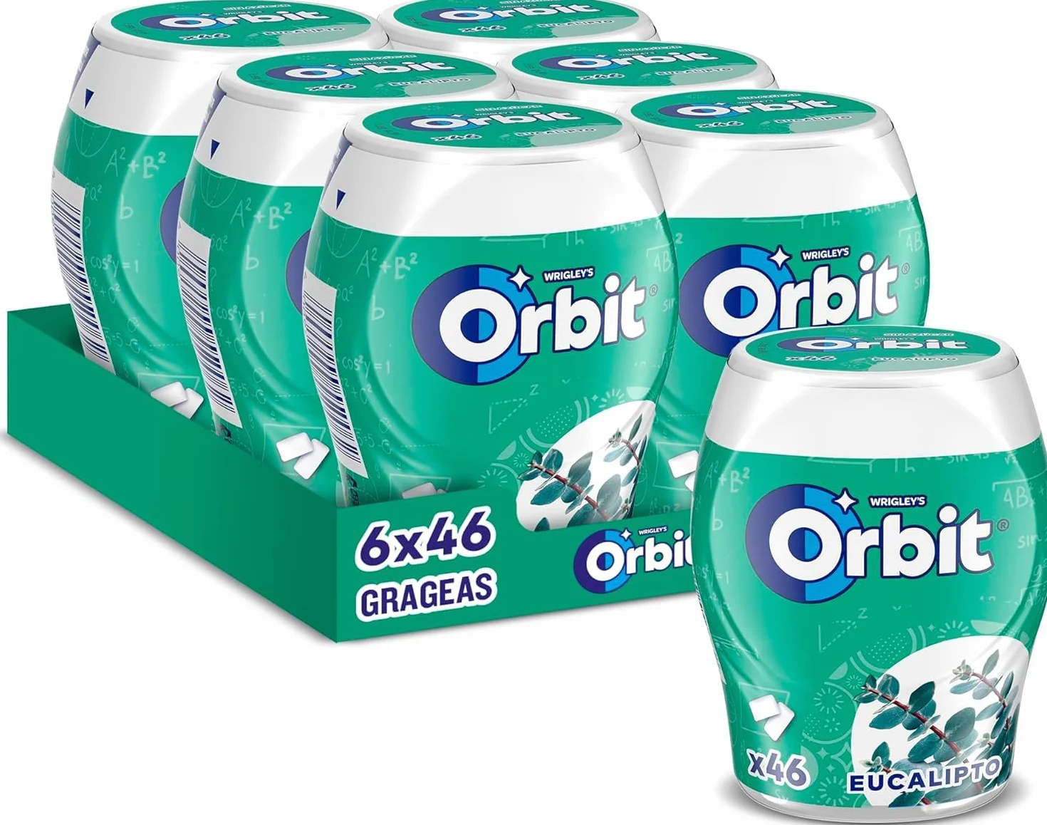 Orbit Bote de Chicles Sin Azúcar Sabor Eucalipto, Fresco, Intenso y de Larga Duración en formato Gragea (6 x 46 chicles)
