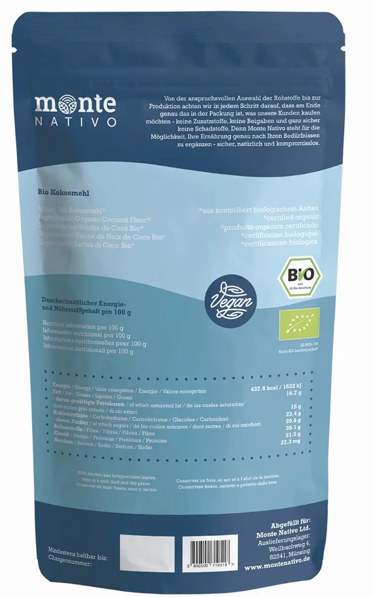 Harina de coco orgánica 1kg (1000g) de Monte Nativo - Alternativa sin gluten a la harina de trigo - Ideal como ingrediente de cocción para el pan, repostería y pasteles - Sutil sabor dulce a nuez