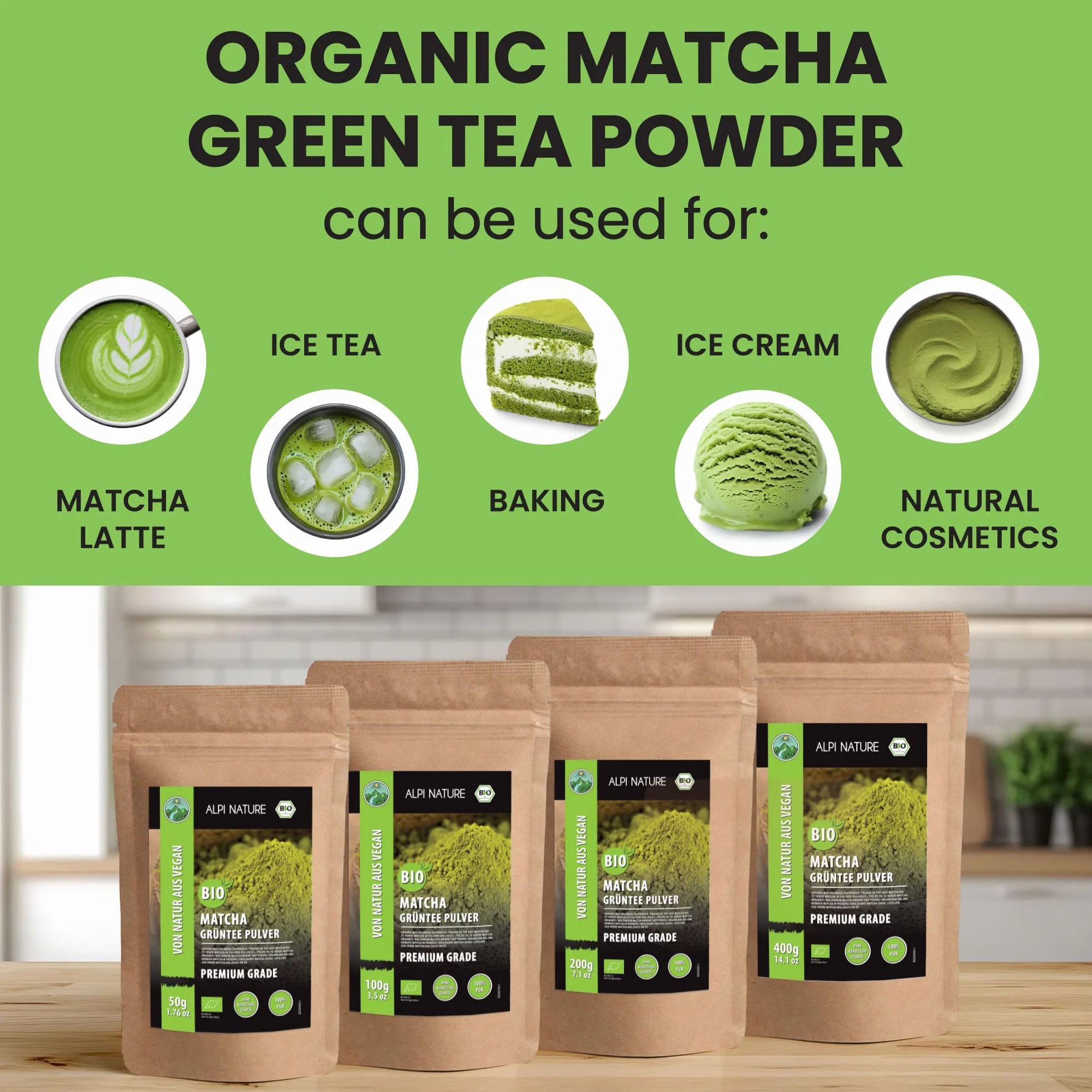 Alpi Nature Matcha Orgánica en Polvo 200g, Té Verde Matcha de Primera Calidad con Cafeína Natural