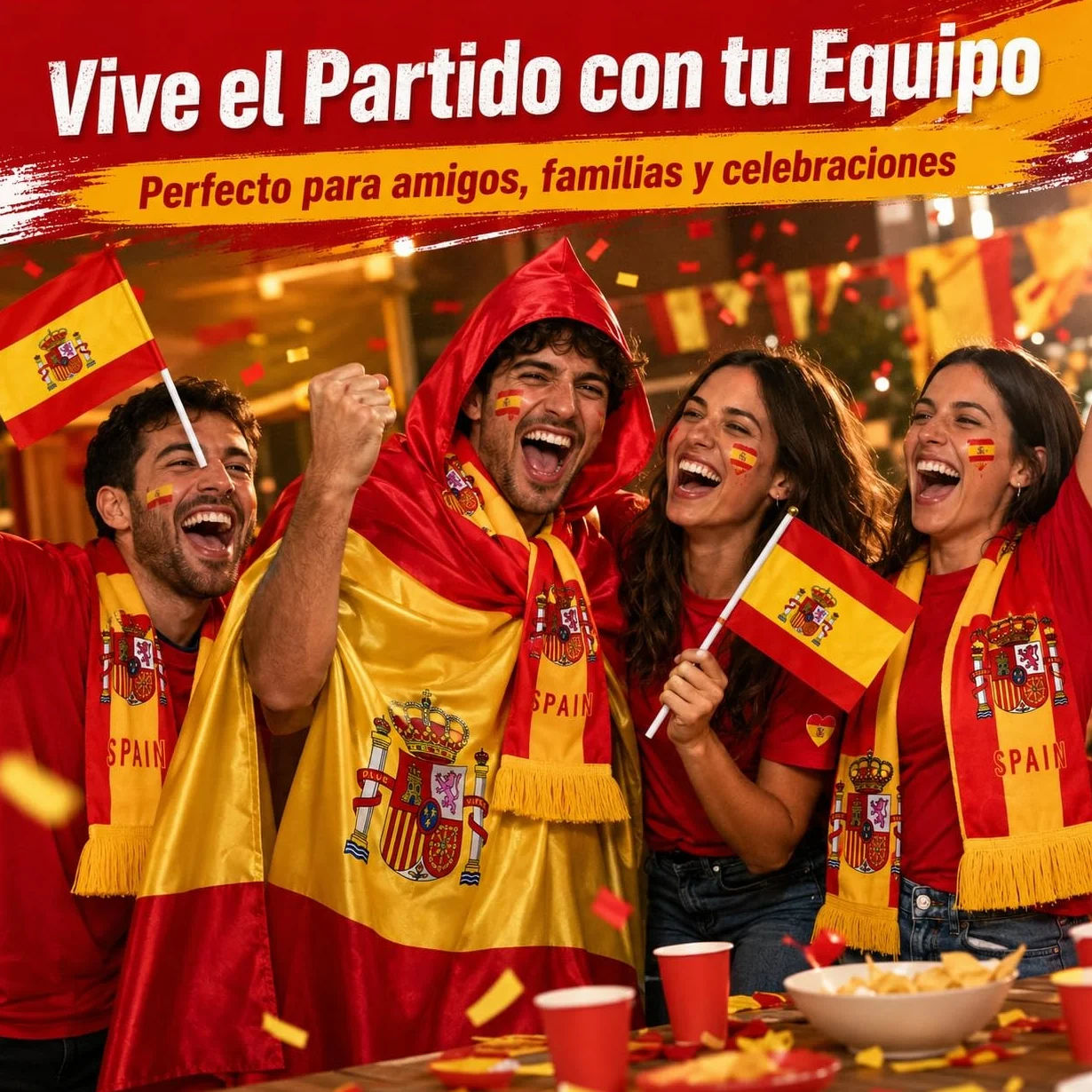 Kit Animación Mundial 2026 Capa Bandera España Bufanda Pegatinas Banderines Mano Celebración Partidos Estadio
