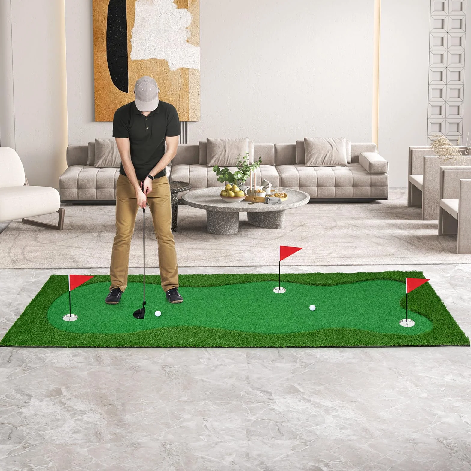 GOPLUS Alfombra de Golf para Putting 3x1 m, Entrenamiento de Golf con 3 Agujeros, Interior Exterior