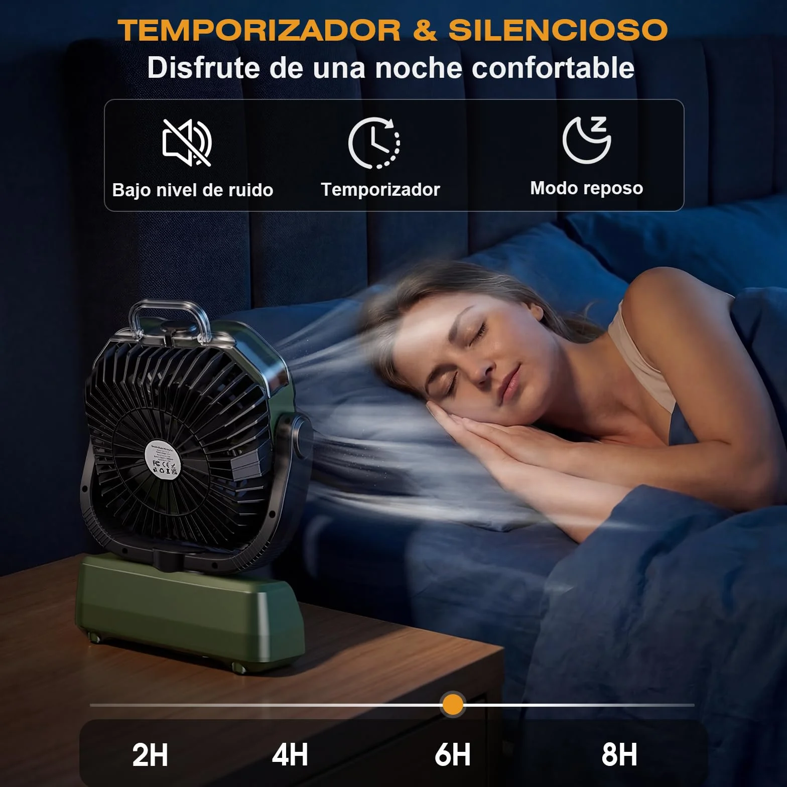 Ventilador Camping Portátil con Nebulizador y Luz LED, batería recargable, Temporizador, Rotación 270°, Gancho Colgante, Verde